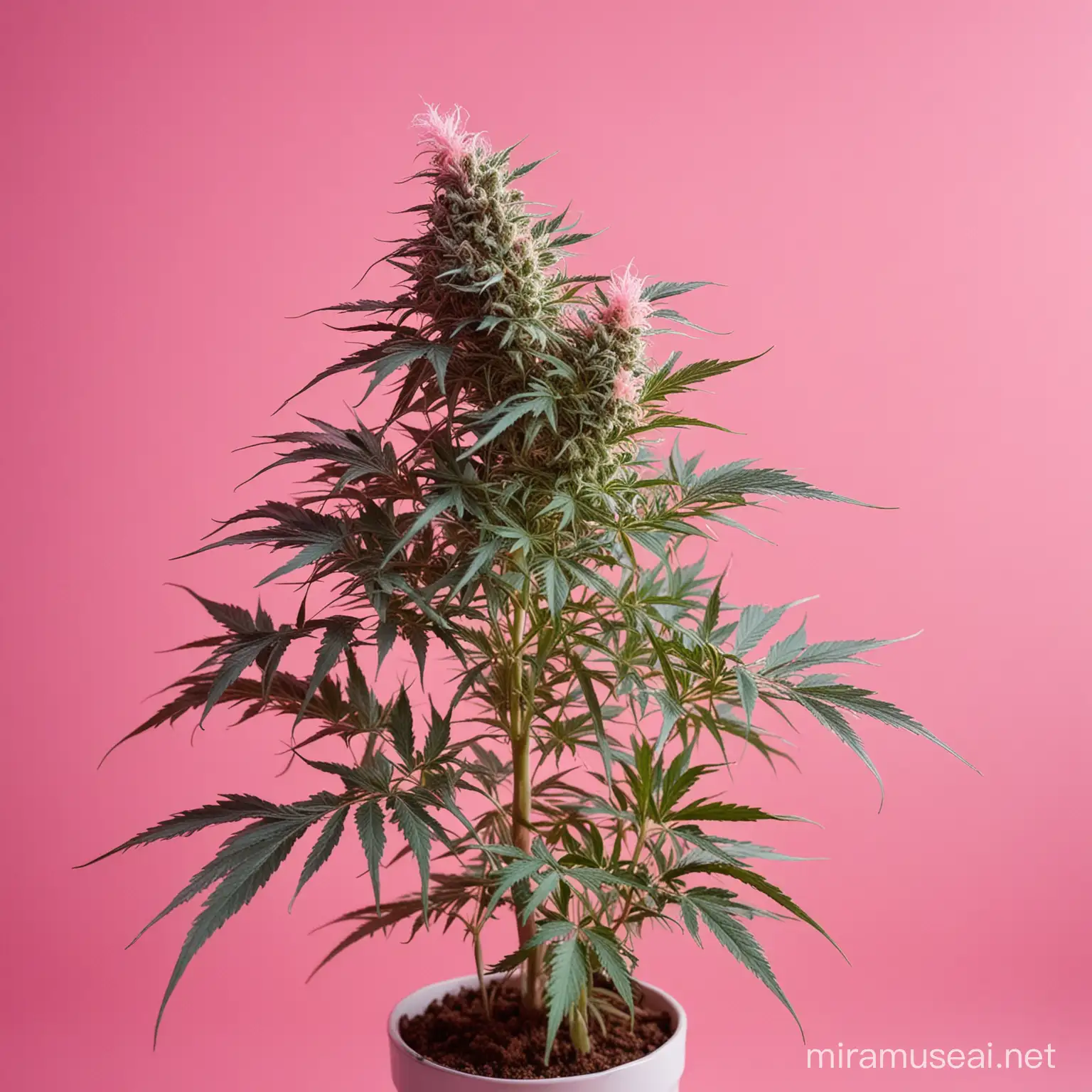 cannabis plant. prominently featuring hues of bubblegum pink in the background composition.