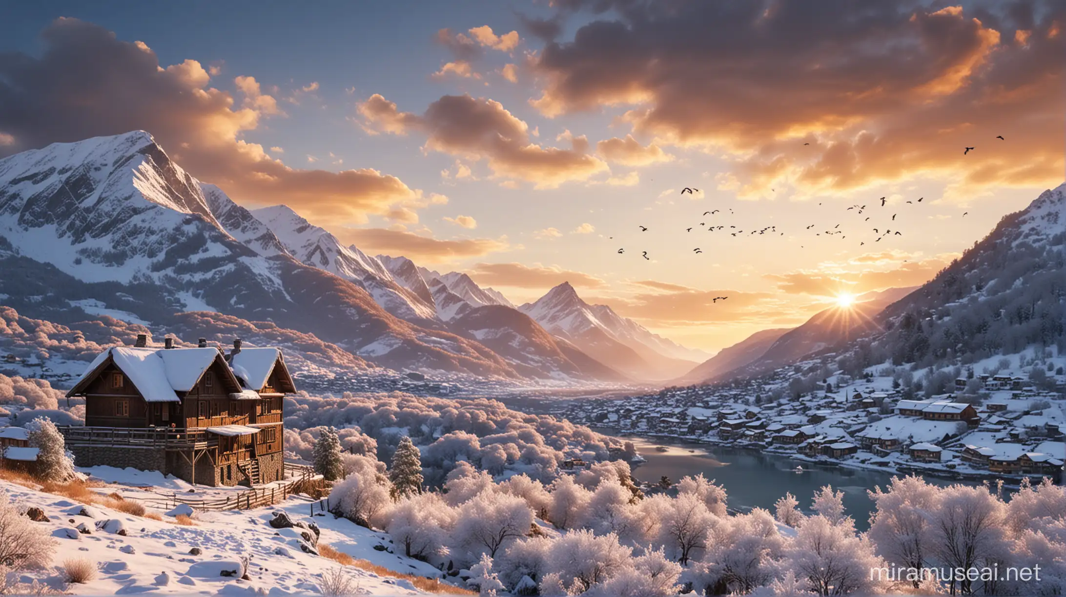 Capturing Pristine Beauty SnowCapped Mountains and Cozy House by Canon Camera