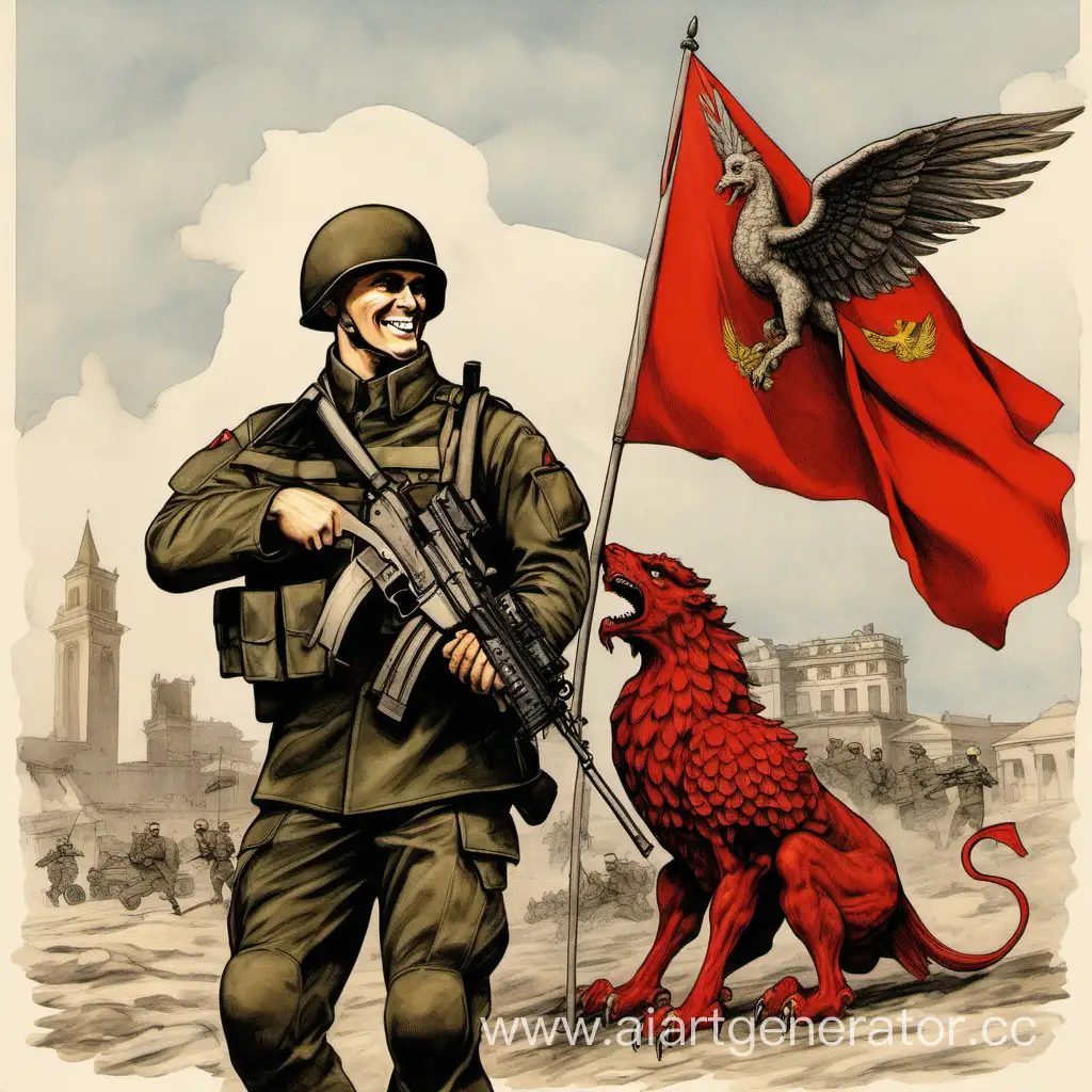 Современный солдат с улыбкой поднимает красный флаг с грифоном 
