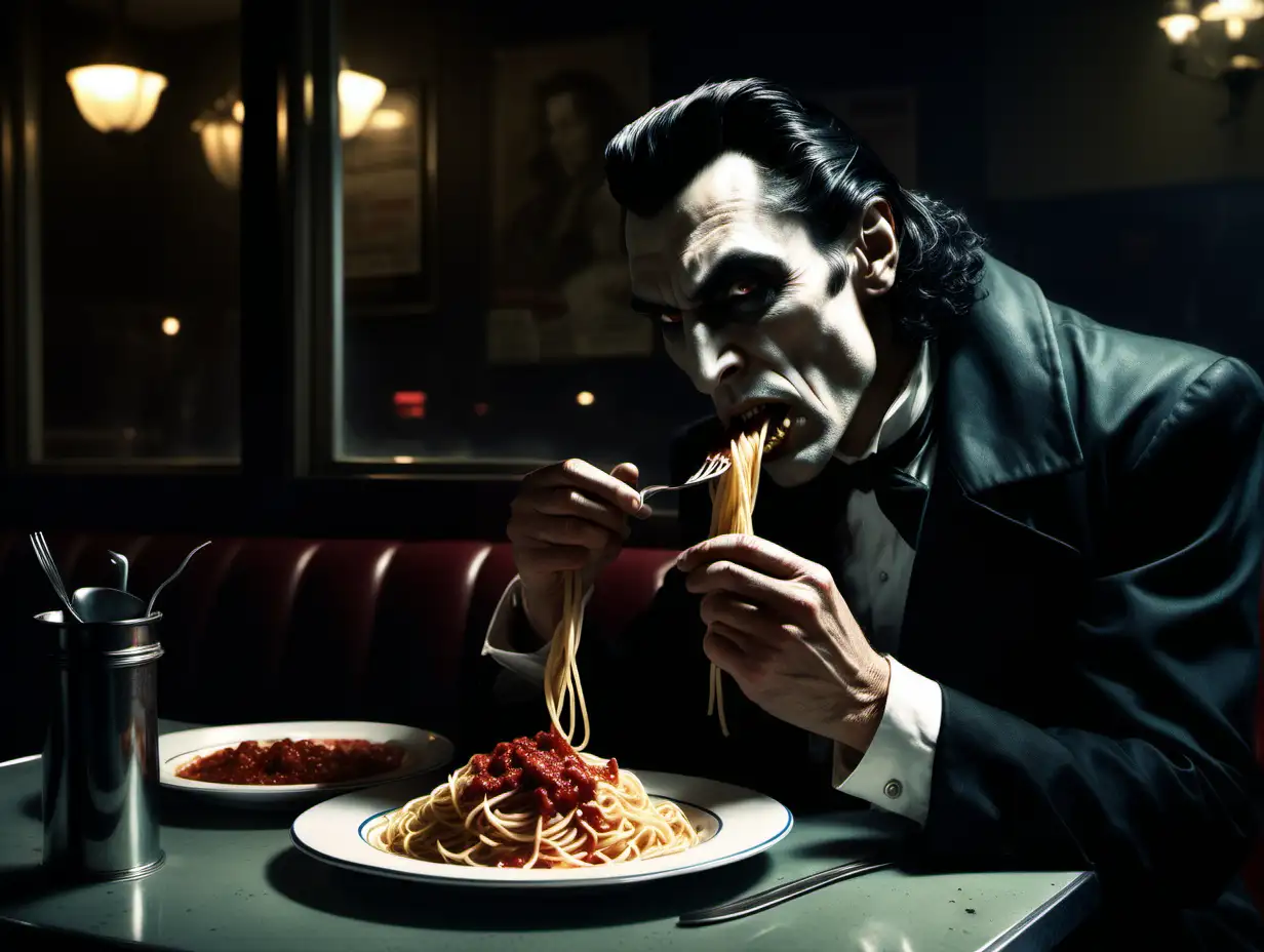 Dracula man eating spaghetti in a downtown diner in style of realism by frank frazetta and annie leibovitz, emotive and moody and muted, dark background
