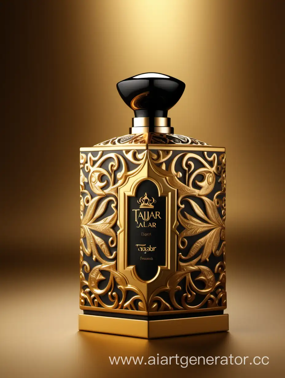 Box package design of perfume TAJDAR product, elegant, trending on artstation,   sharp focus,   studio photo,   intricate details,   highly detailed,   gold, Royal black and beige color on gold background