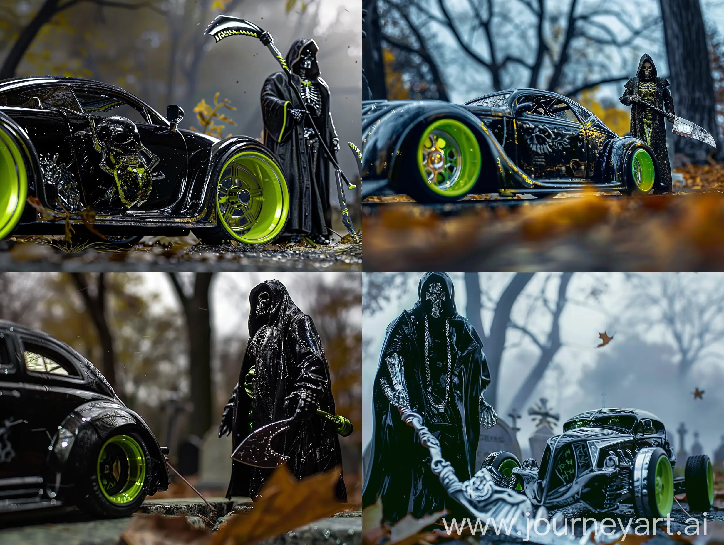 cinematic portrait magnificent art, close-up a black petroleum beetle chrome tuned paint chrome candy wide tires lime green chrome wheels mirrored glass graffiti skull necromancer in a hooded overcoat holding the sharp scythe of death, sharp focus, high contrast, dramatic luminosity, glith background gentle, haunted cemetery, serene, mist dry trees, wind blowing leaves, splendid magnificent night, high quality, best quality