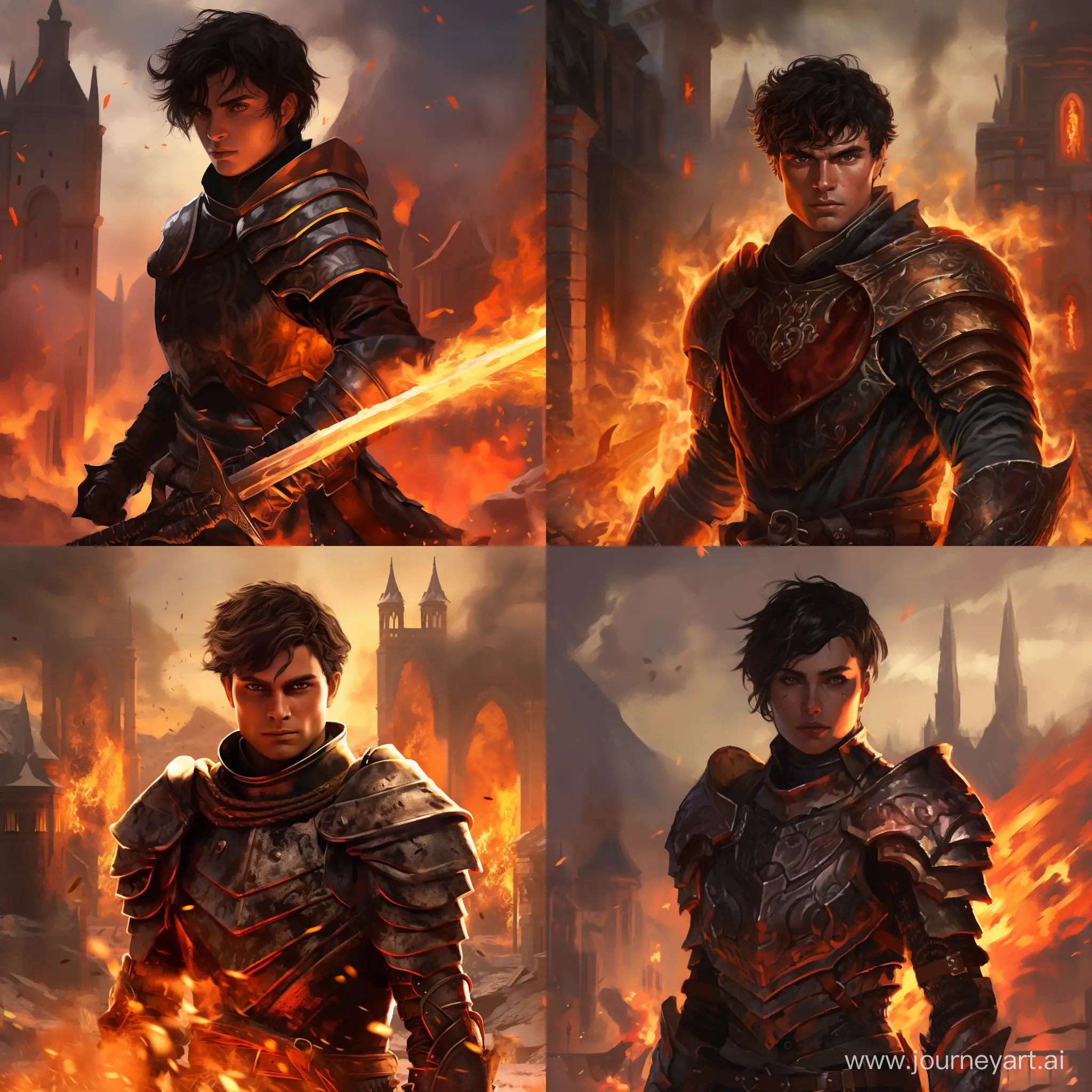 Человек Паладин в сеттинге днд молодого возраста с темными короткими волосами в тяжелой броне и молотом стоит на фоне горящей деревни и на лице гнев