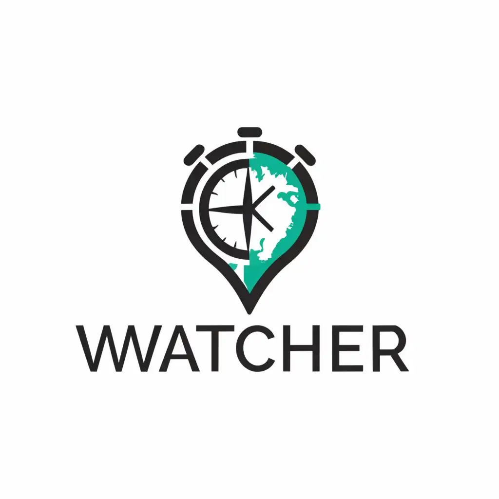 a logo design,with the text 'WATCHER', main symbol:Map inside Clock,  Black and white ,complex,be used in Travel industry,clear background