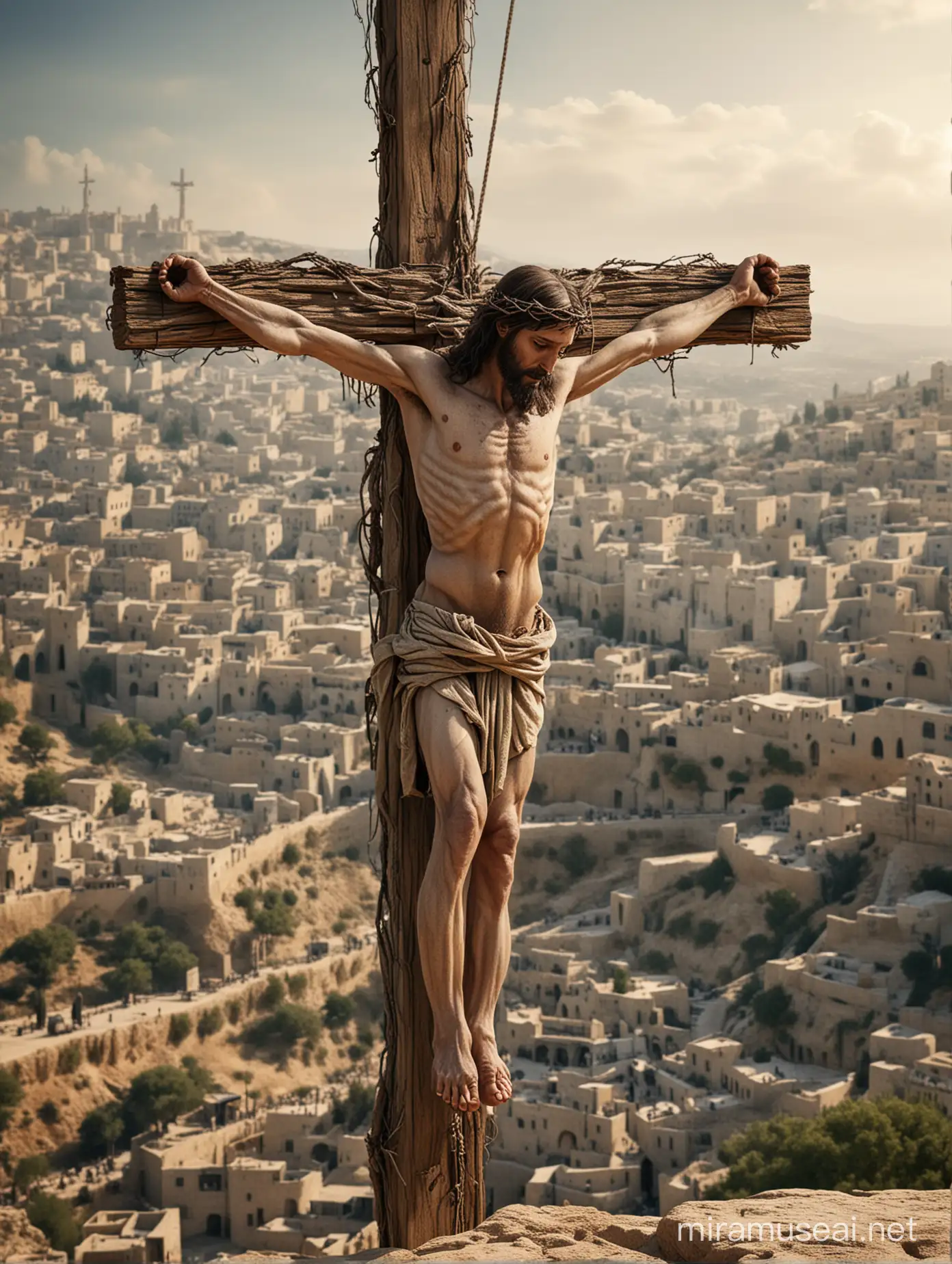 Jesus Christ hanging on the cross on the hill of Golgotha, Jerusalem. On Jesus, the subject, include hyper-realistic human skin textures