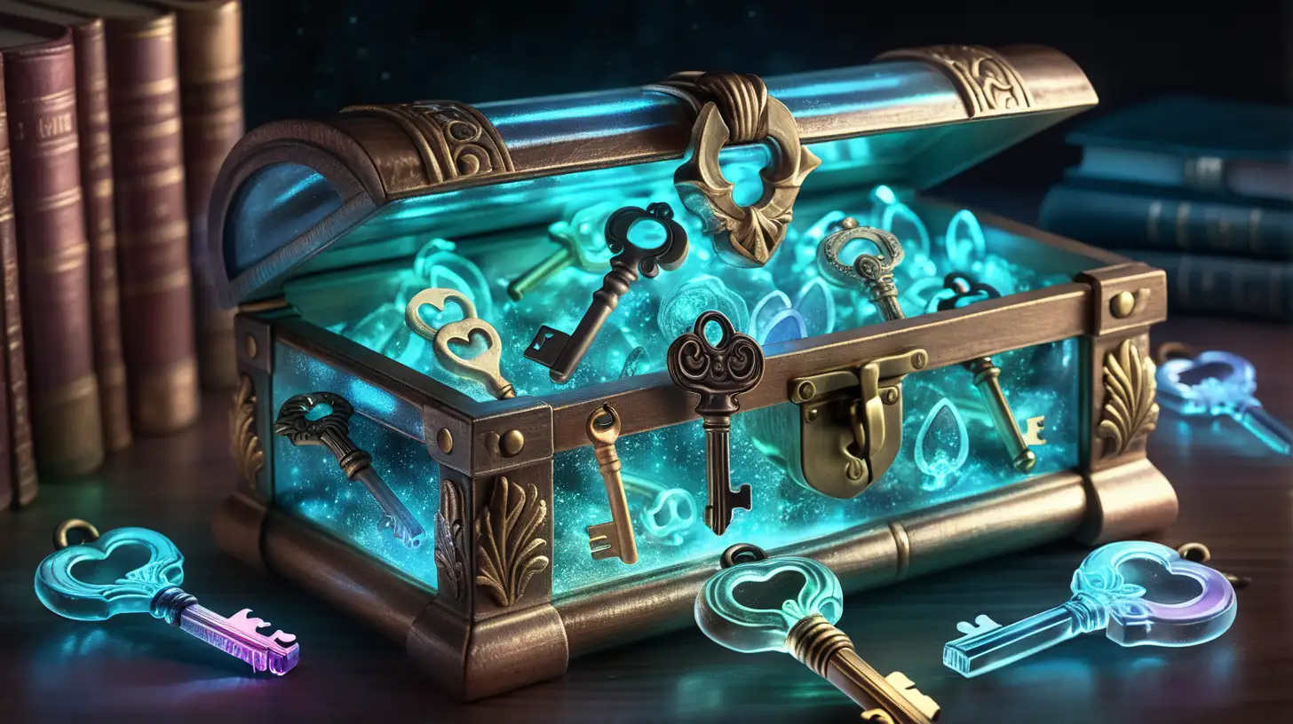 a treasure box of glowing glass keys with iridescent glow, fairytale, magical, library  8K.