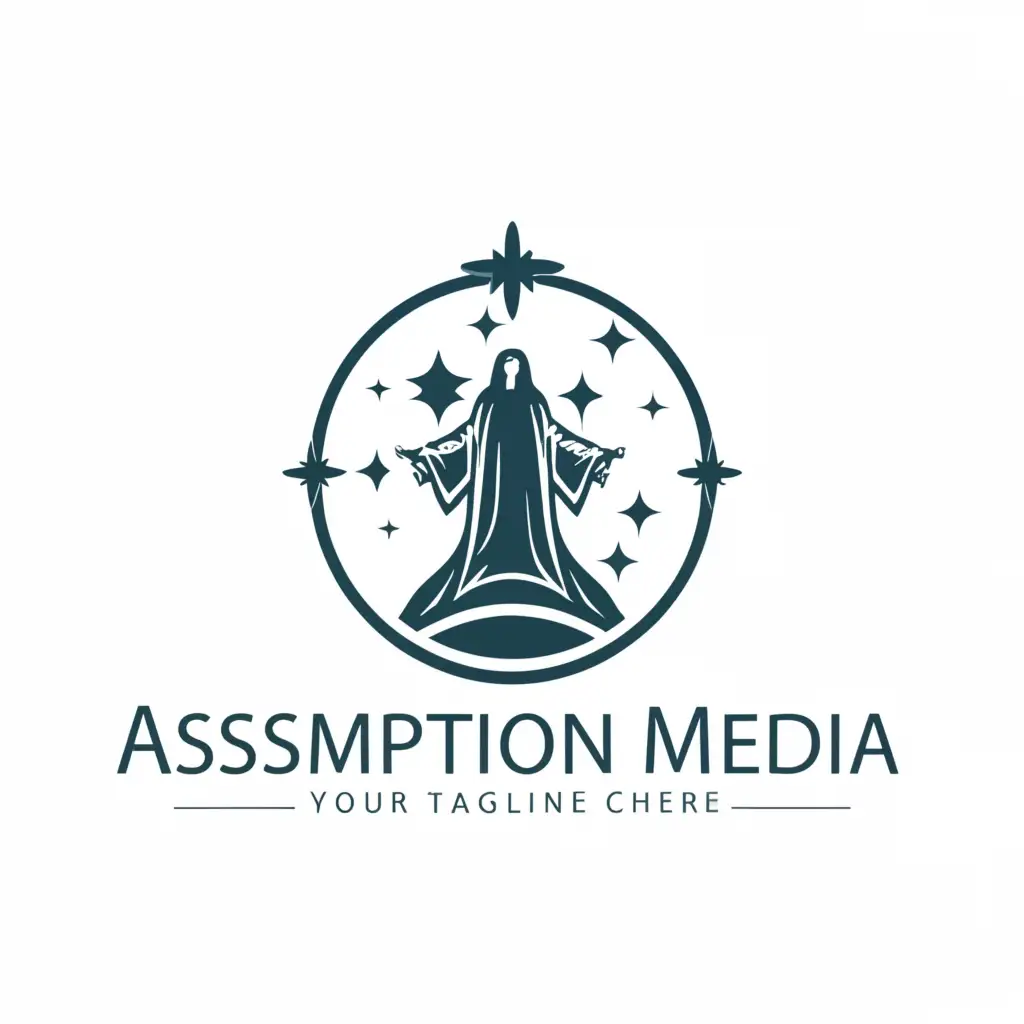 a logo design,with the text "Assumption Media", main symbol:Mary, Blessed Mother, Assumption, stars, Catholic, standing on world,Moderate,be used in Religious industry,clear background