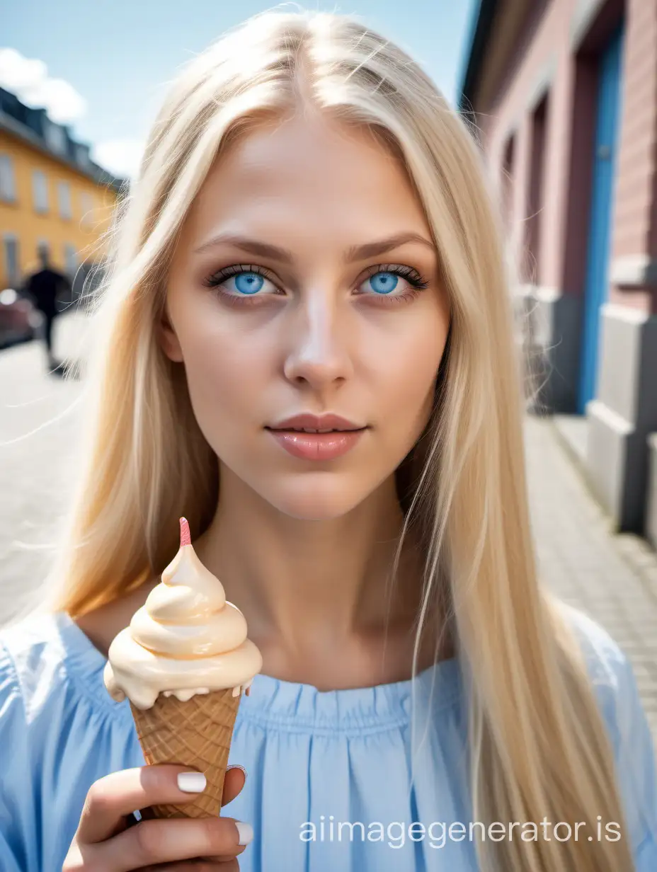 more realistic, beautiful 20s Swedish prosperous woman blonde blue eyes (not too much blue, way less blue eyes, but realistic amount) holding an ice cream in sunny weather in Sweden, not too vibrant photo, straight extreme volume long hair, image longer from person