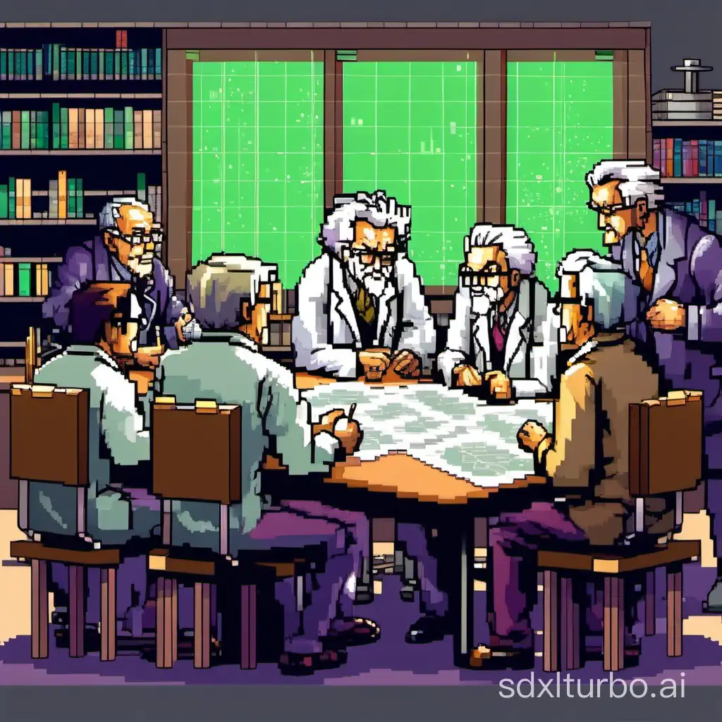old scientist with withe hair seating around a table talking with each other with young scientist people on the background olding their reasearch paper, withe background in pixel art