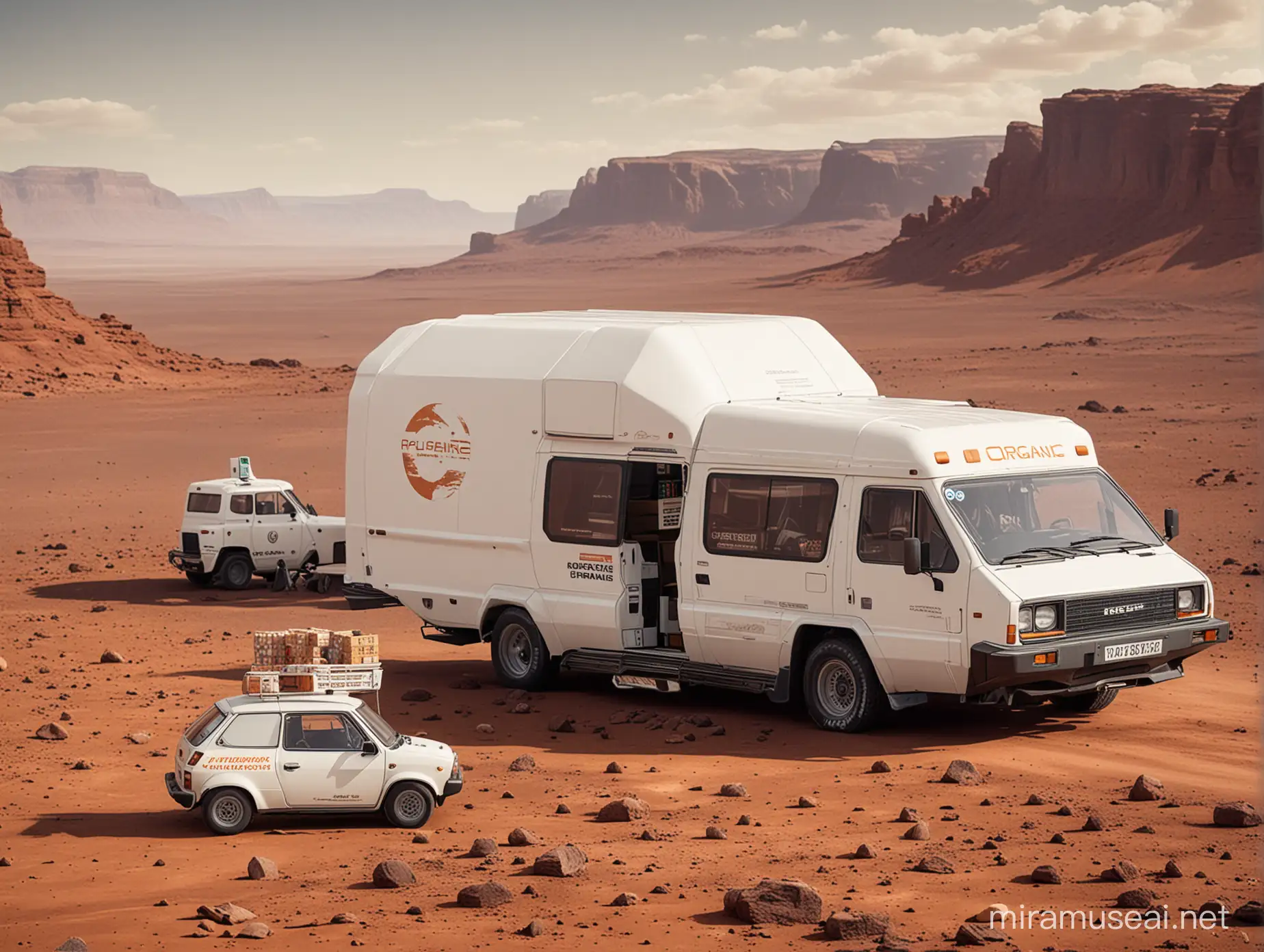 a realistic photo of a planet organic store (the london-based supermarket brand) on the surface of mars, with a white delivery van bearing the company logo parked out front, the van should have no wheels and instead be a hover vehicle similar delorean from the back to the future films