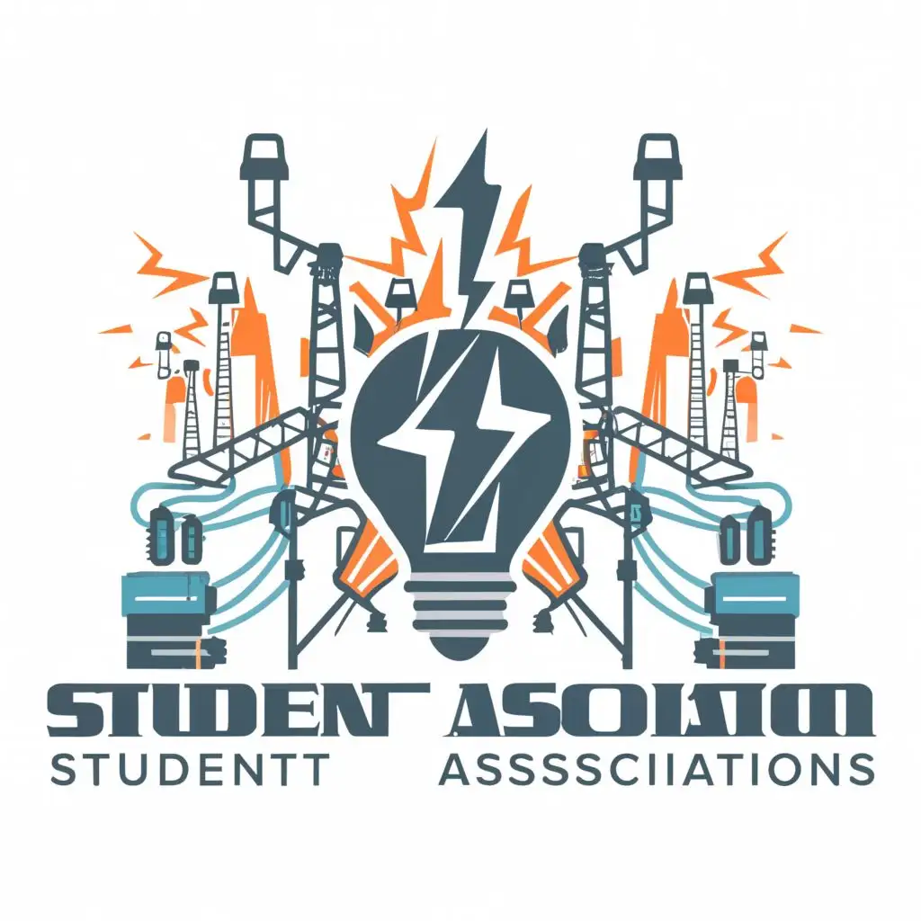 a logo design, with the text 'STUDENT ASSOCIATION', main symbol: BULB, THUNDER, TRANSMISSION LINES, TRANSMISSION POLES, TRANSFORMERS, OTHER ELECTRICAL RELATED, Moderate, clear background