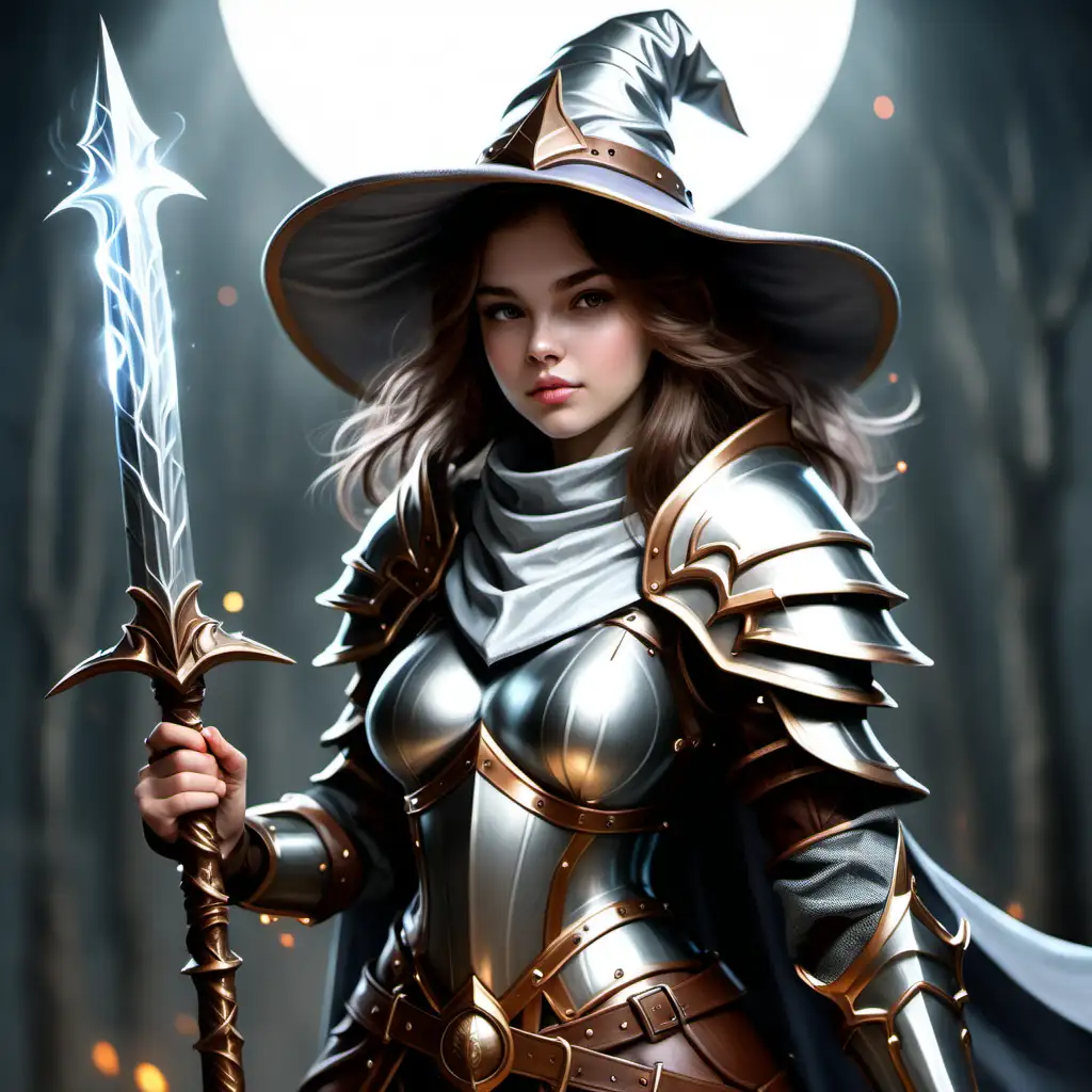 Cool wizard knight girl with brown hair, wearing silvery armor and a large wizard hat, brown hair.