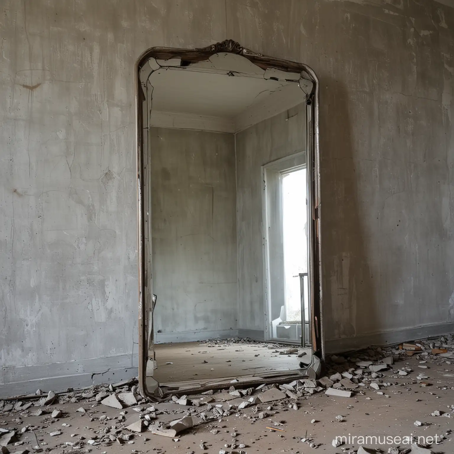standing mirror in an abandoned building. the mirror is slightly cracked a little bit dirty. It is resting against a wall.