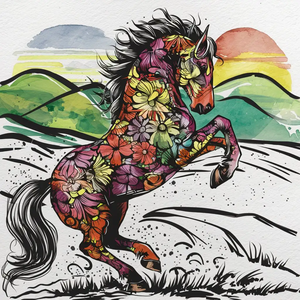 ink art styles of a horse with a floral pattern skin in watercolors, the horse bucks and takes a high leap into the air, playful, dynamic