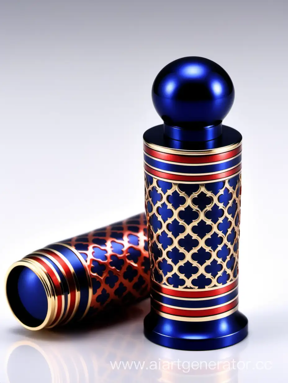Luxurious-Zamac-Perfume-Bottle-Cap-with-ArabesqueInspired-Shiny-Dark-Blue-and-Matt-RedWhite-Design