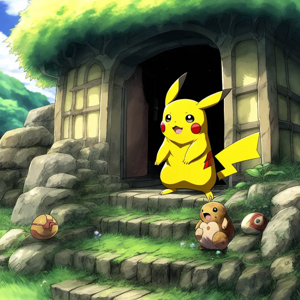 Pikachu Ghibli Crossover Adorable Electric Pokemon in Enchanting Studio Ghibli Style