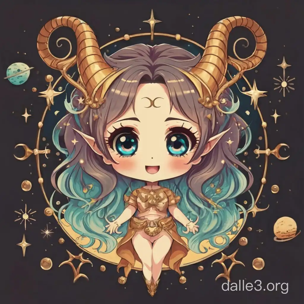  A chibi zodiac Capricorn female human character with big eyes and a cute smile, with cosmic background, Capricorn a symbol, fully colored, no shading