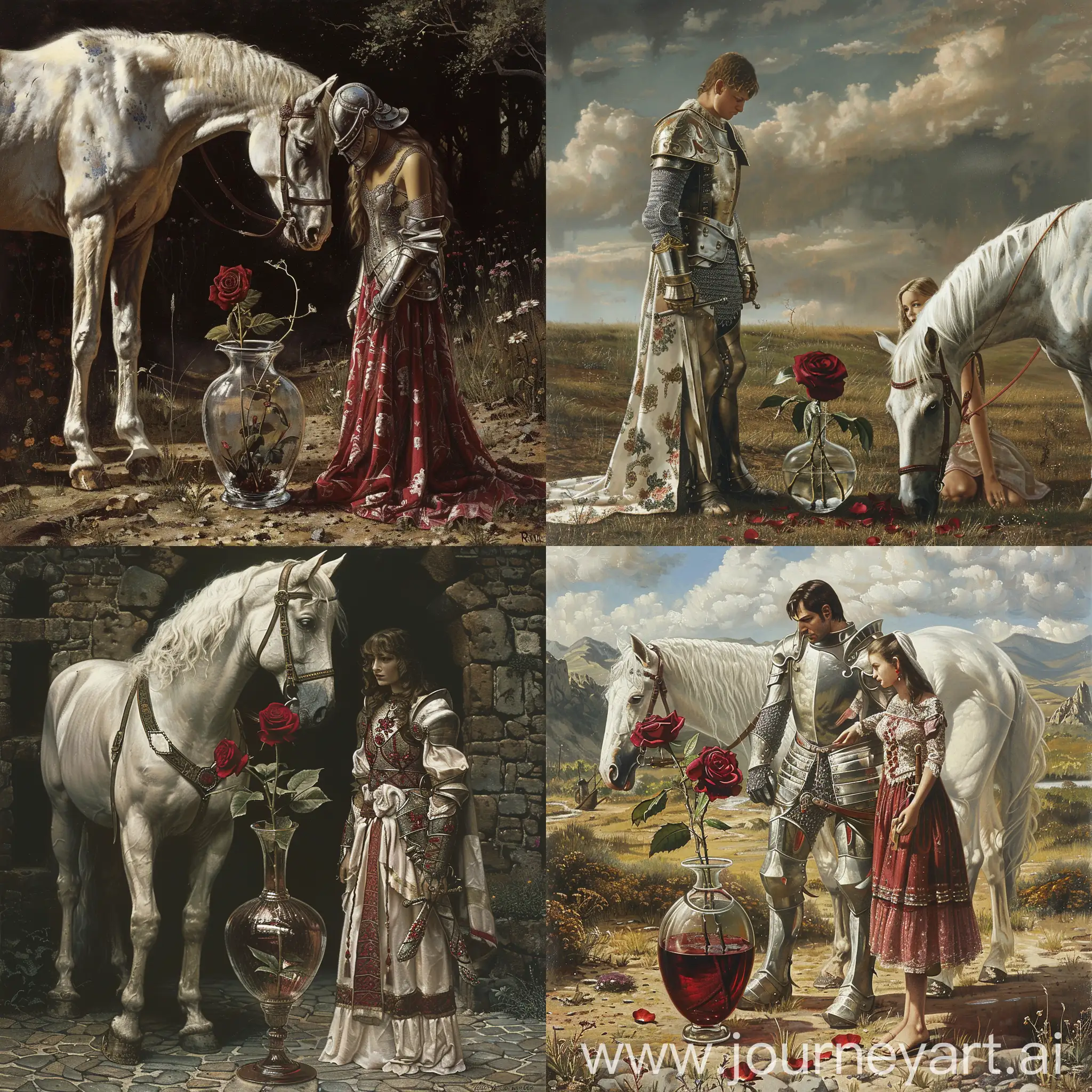 рыцарь,стеклянная ваза у ног с алой розой,милая девушка,белый конь,