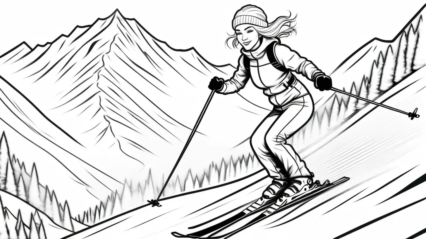 Young Woman Skiing Black and White Line Art for Coloring Book