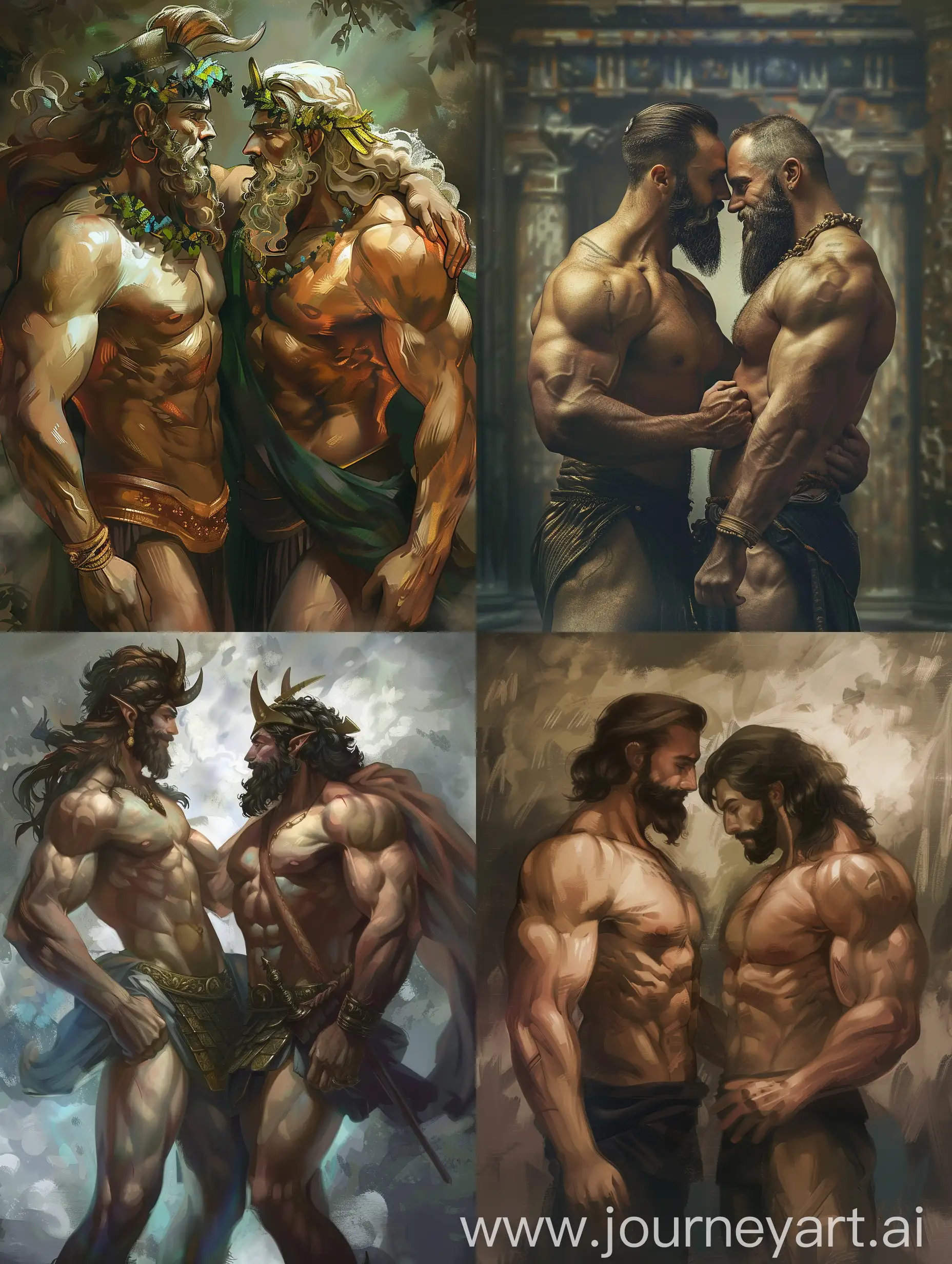 Two gods from Olympus, both male and muscular, in love