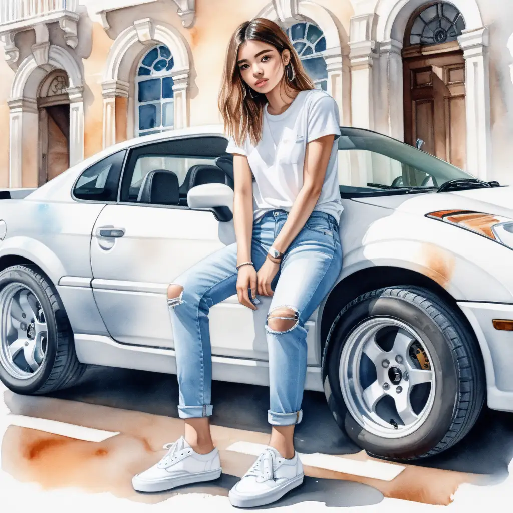 Stylish Girl Leaning Against Sports Car in Watercolor