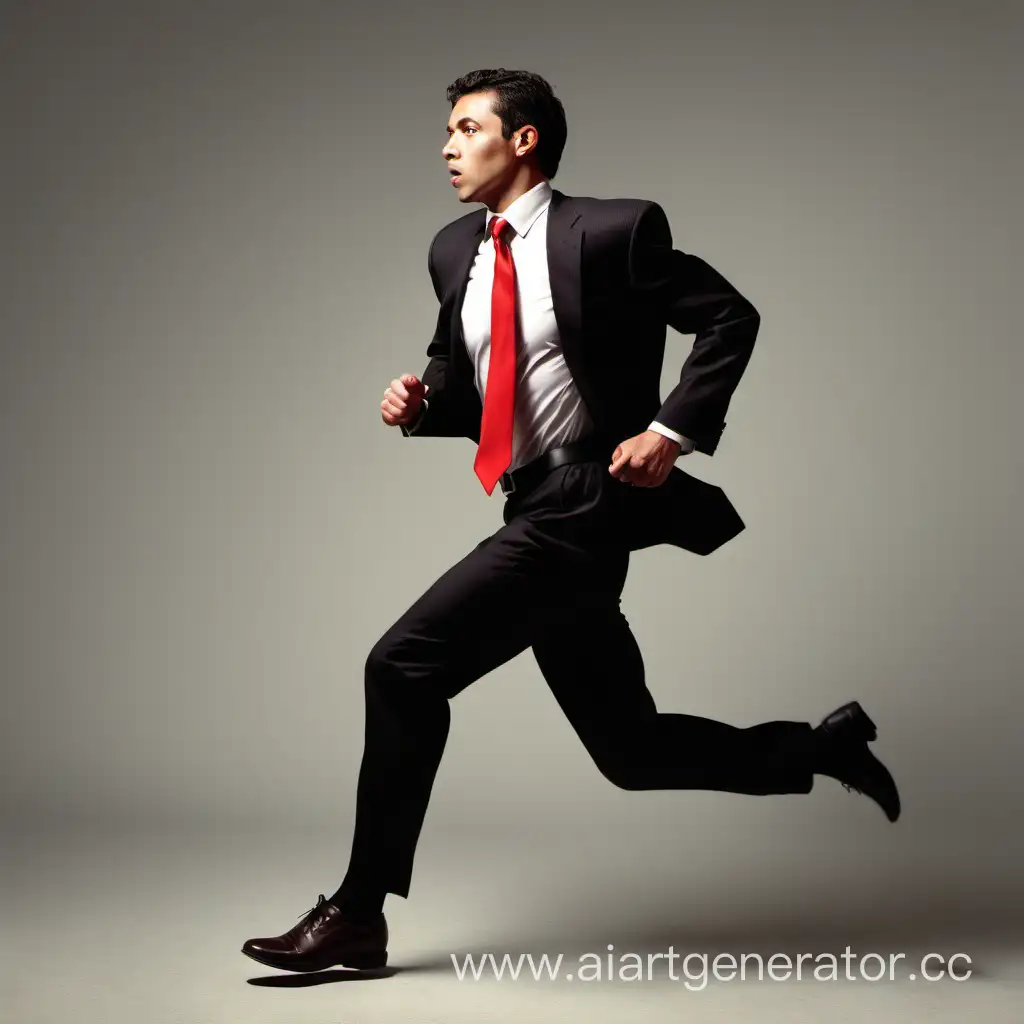 a man running fast in a formal suit with a red tie, full-length. The body is in profile, and the face is full-face