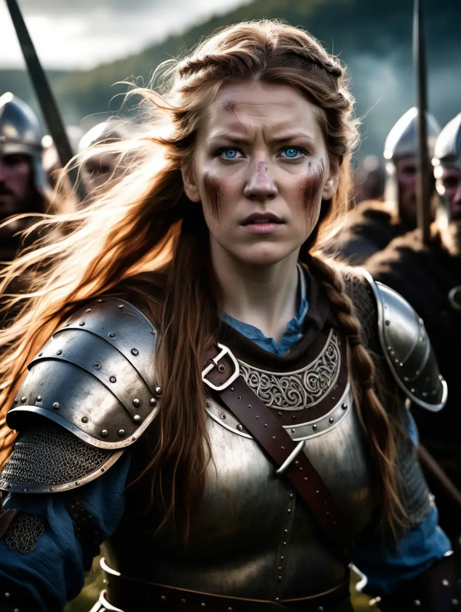 (cinematic lighting), The shieldmaiden is a woman with long brown hair who took up arms and armor and fought in battle alongside men of the Battle of Bråvalla in his early 13th-century CE Gesta Danorum where he claims 300 shieldmaidens fought for the Danes, fierce looking, scar on the face, fullbody shot, battle scene at the background, intricate details, detailed face, detailed eyes, hyper realistic photography,