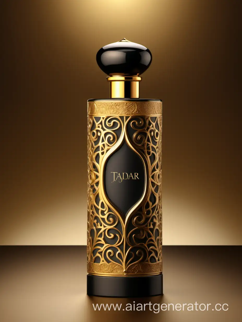 Box package design of perfume TAJDAR product, elegant, trending on artstation,   sharp focus,   studio photo,   intricate details,   highly detailed,   gold, Royal black and beige color on gold background