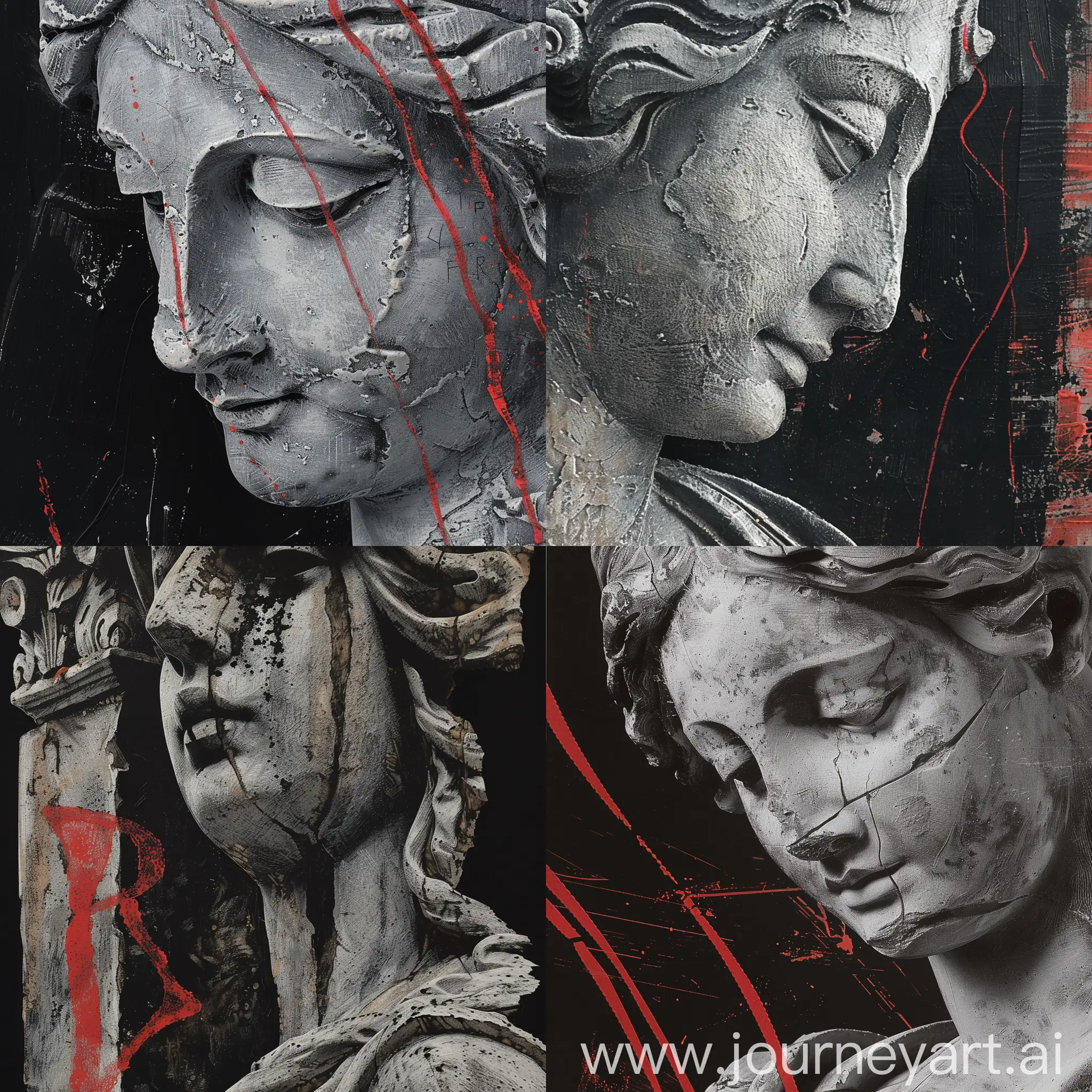 please paint for me, in tempera style, in gray scale, a close-up of parts of the stone renaissance sculpture of female face and torso ,with the edge of the picture draw few thick lines of red color, of irregular shape and print with print stencil font AO-722. Black background