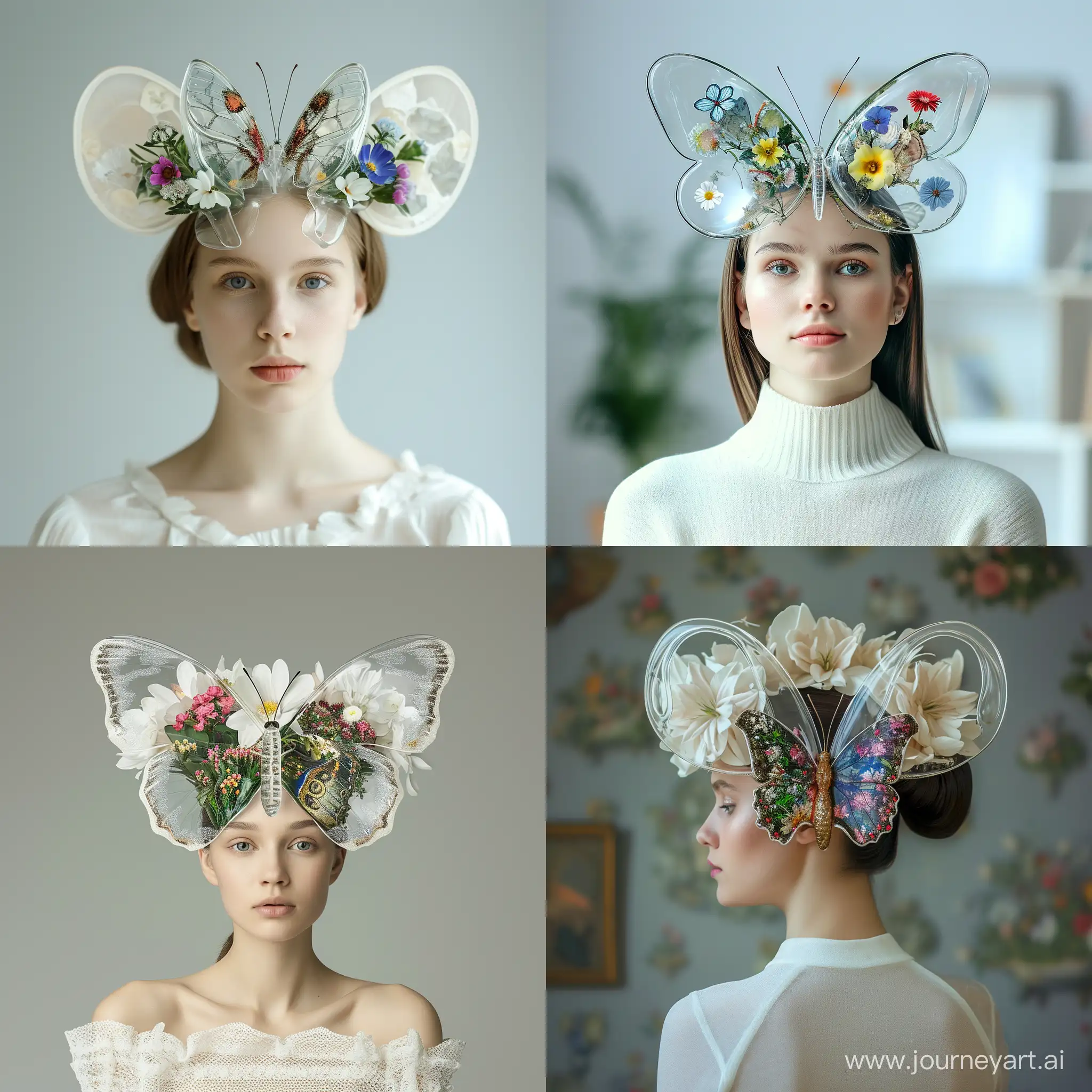 White woman, on her head 
beautiful butterfly with transparent glass body,  4k flowers inside butterfly