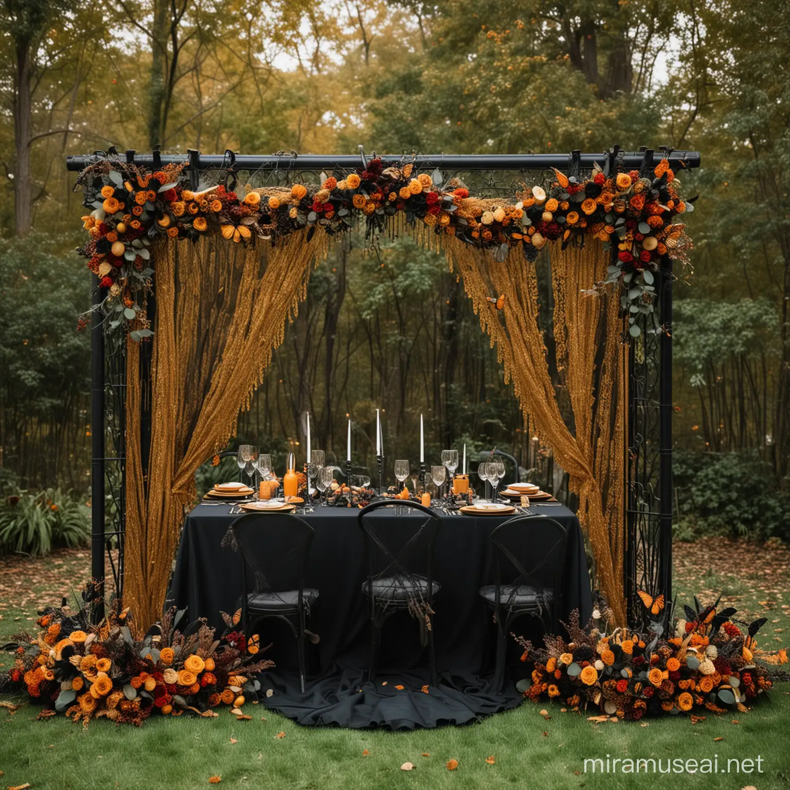 Gothic Autumn Backyard Wedding with Monarch Butterflies and Cozy BlackGold Palette