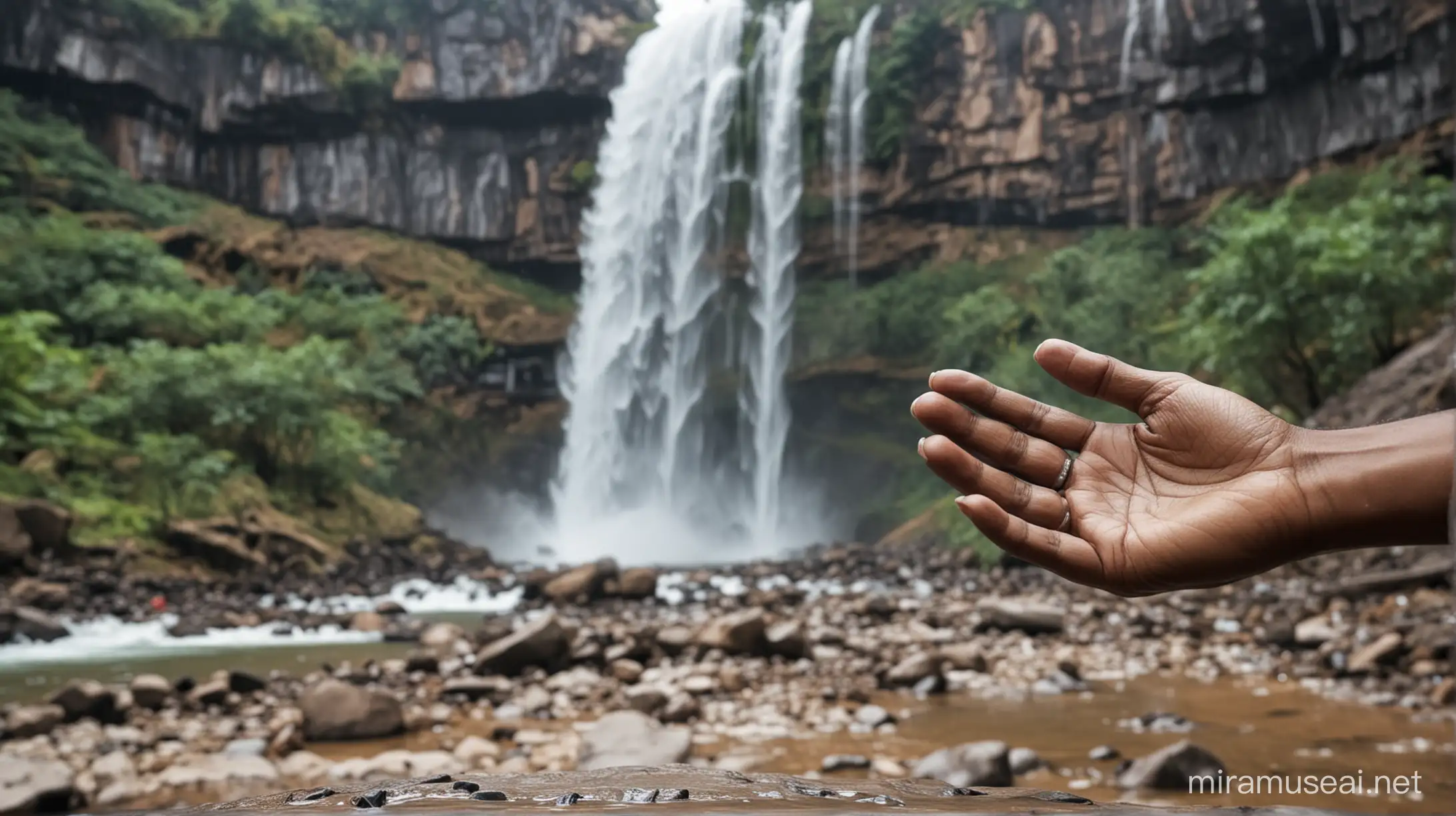 focus on indian man dead body hand, waterfall in background, clear fingers, detailed