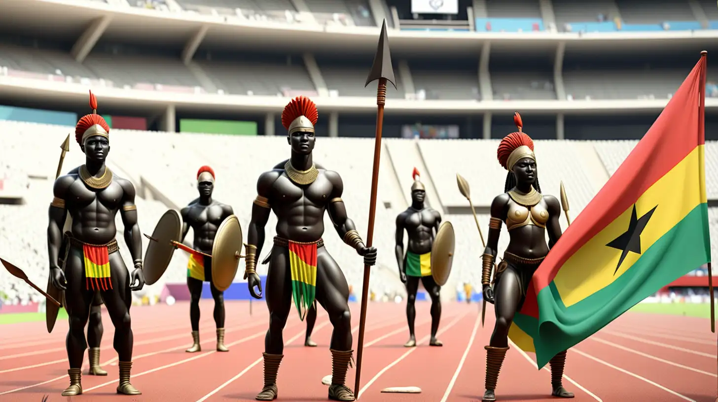 african male warriors,female warriors, with spear and leather shields in olympic stadium, with Ghana flag hoisted