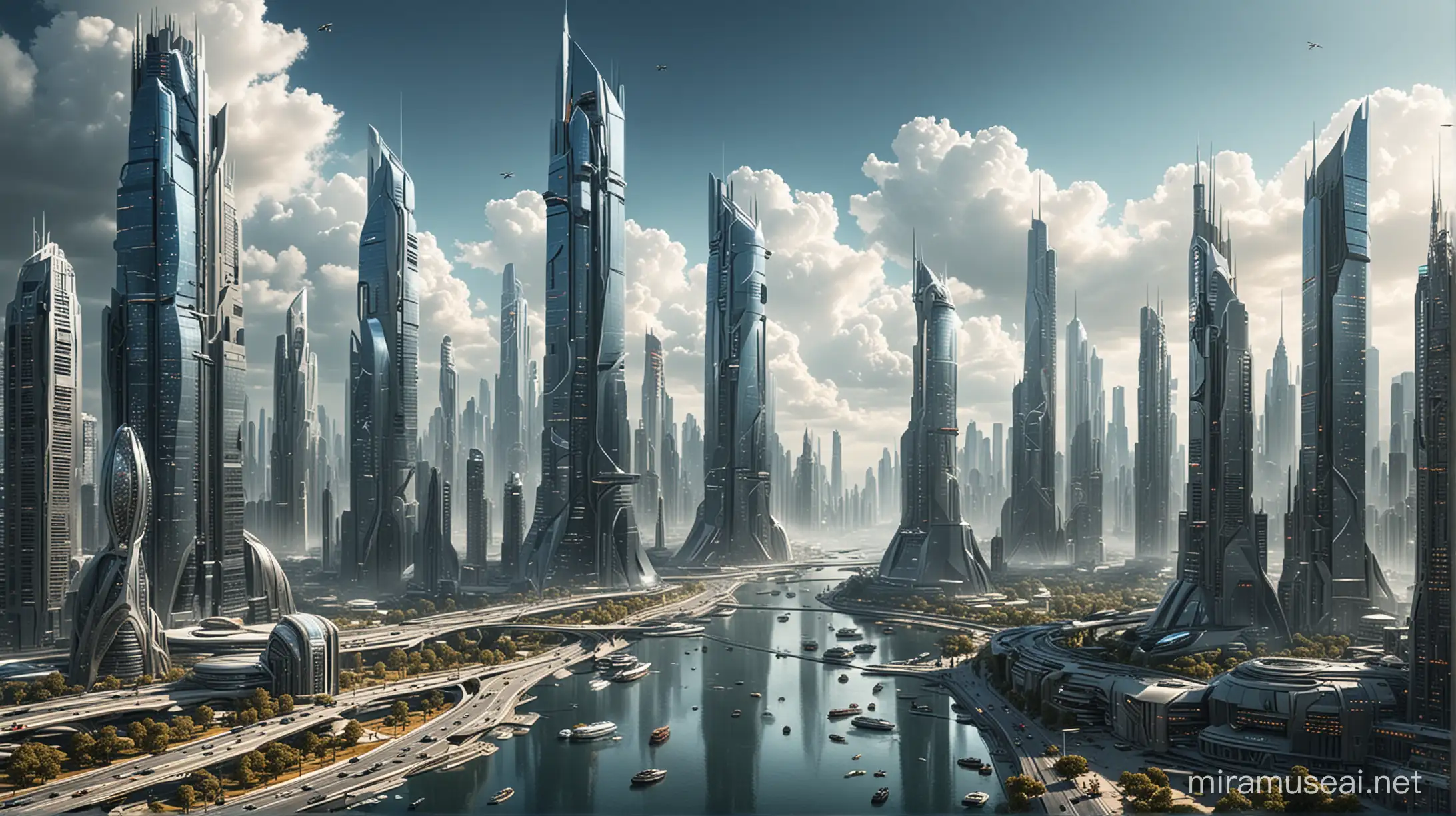 Futuristic Cityscape with Sky Scrapers at Twilight