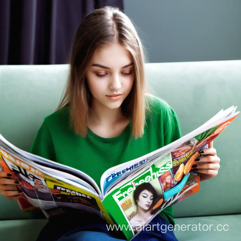 Девушка читает журнал под названием свежесть на диване