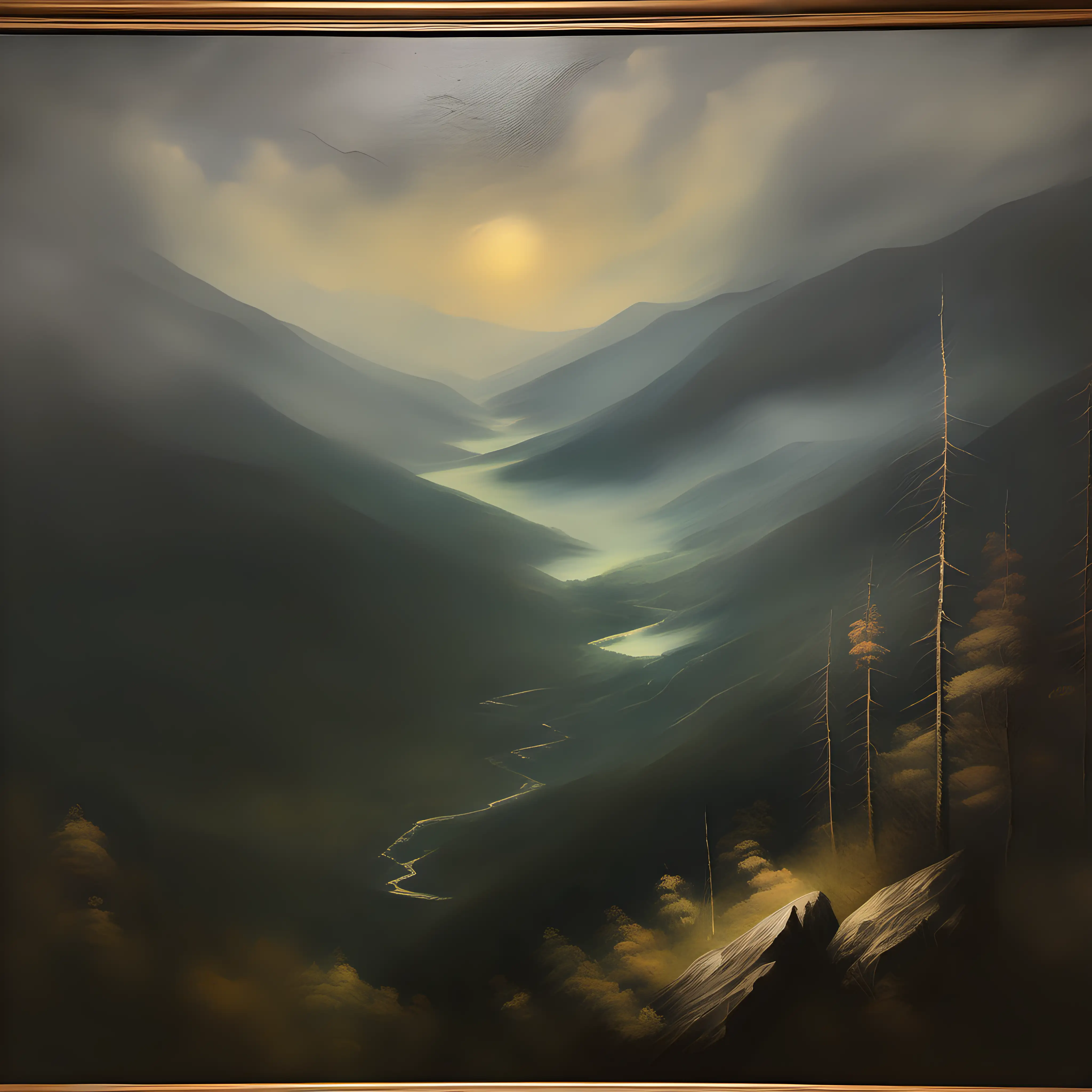 Vintage oil painting asthetic moody theme a view from a high mountain


