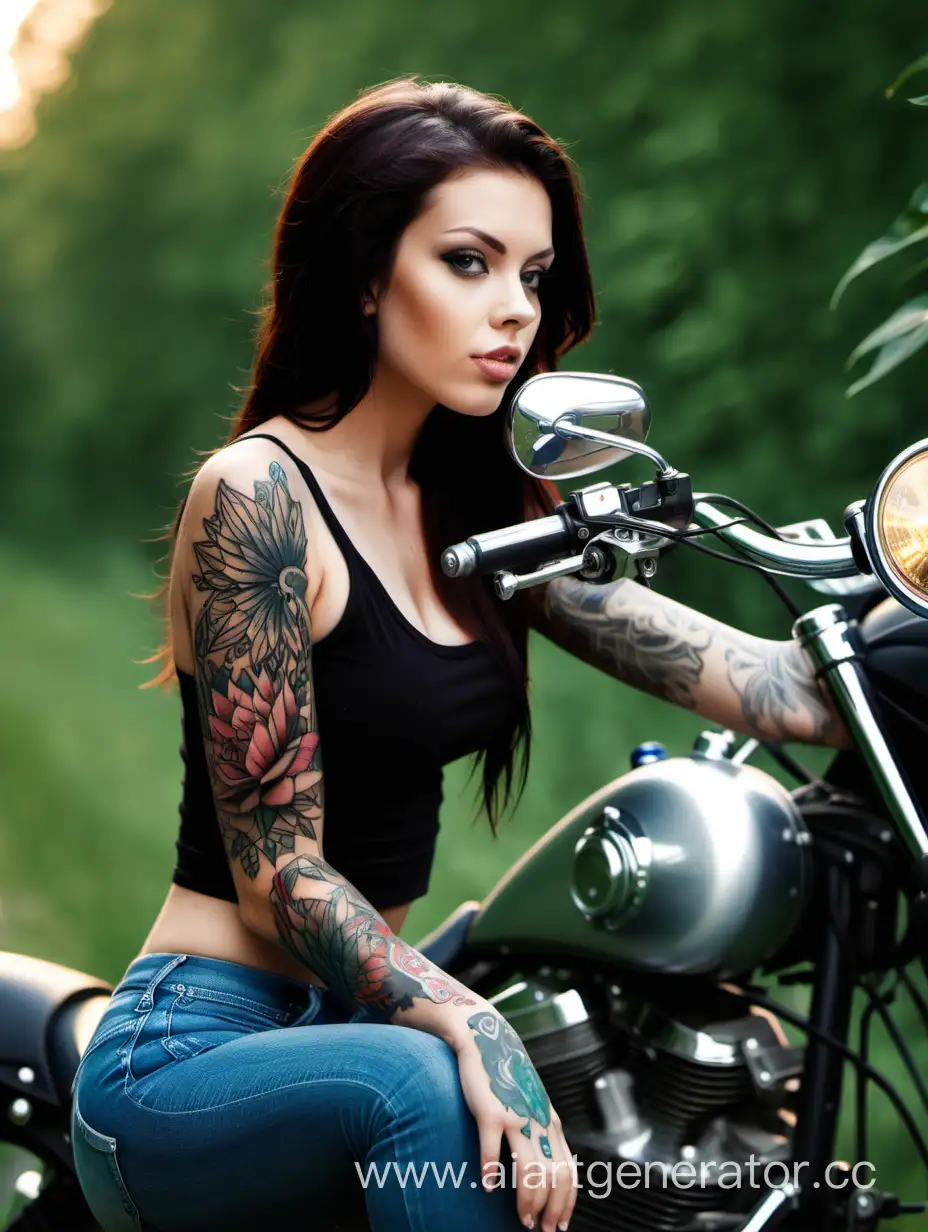 Красивая брюнетка с татуировкой на мотоцикле на природе