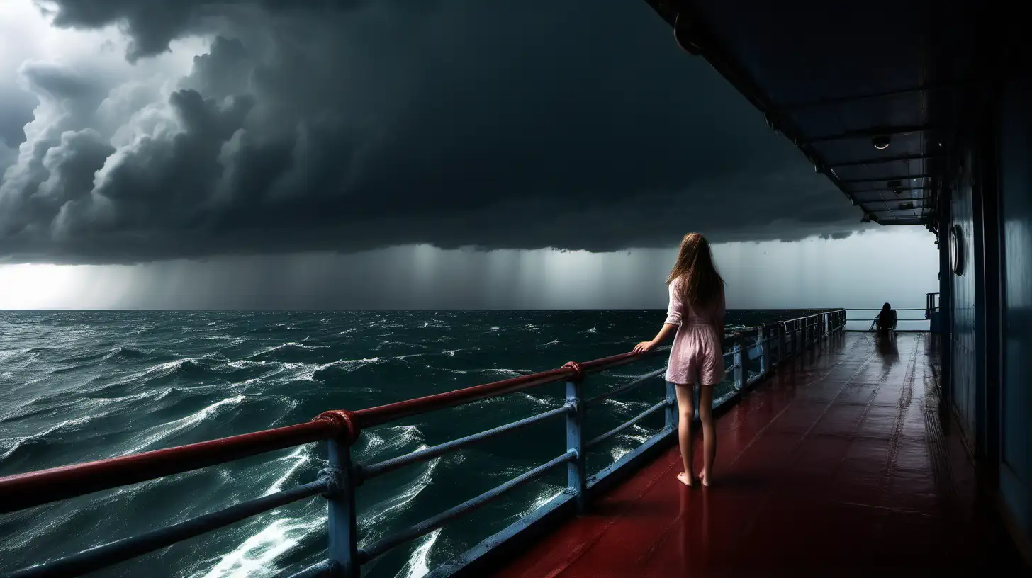 Solitary Girl Observing Stormy Seas from Ships Horizon