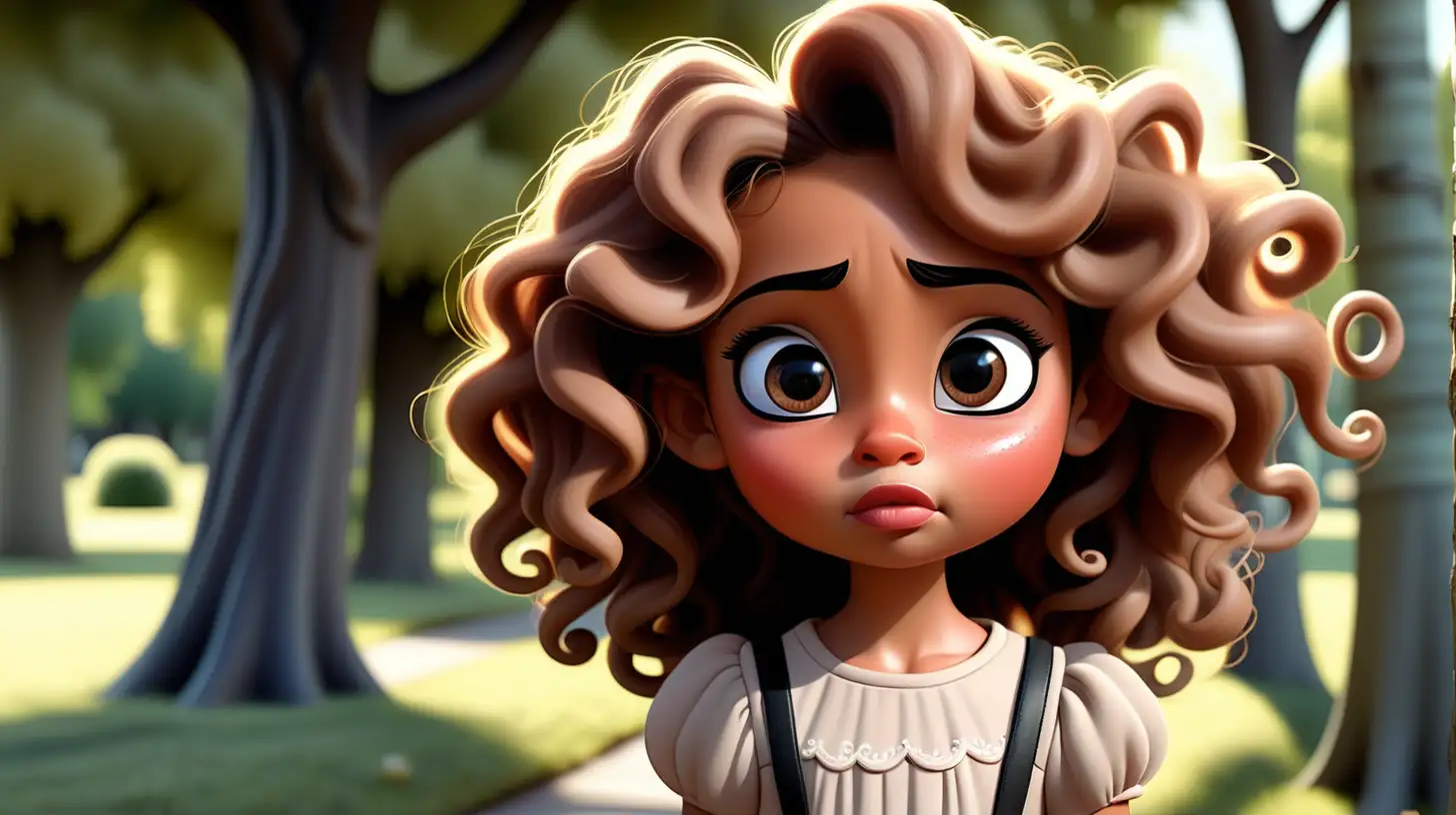 A beautiful 7 year old girl, cute, light brown skin, big hazel eyes long black eyelashes, blush,beautiful lips, round face, walking path under a trees, crying, looking down, extremely long brown detailed curly hair, dress, disney style, cartoon character, pensive, sun light shining on her face, sky, clouds, frown, sad,
