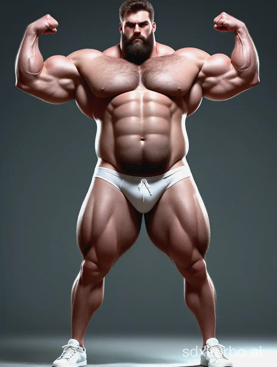 White skin and massive muscle stud, much bodyhair. Huge and giant and Strong body. Very Long and strong legs. 2m tall. very Big Chest. very Big biceps. 8-pack abs. Very Massive muscle Body. Wearing underwear. he is giant tall. very fat. very fat. very fat. Full Body diagram. very long strong legs.very long legs.very long legs. raise his arms to show his huge biceps. wearing white shoes. raise his arms to show his huge biceps.