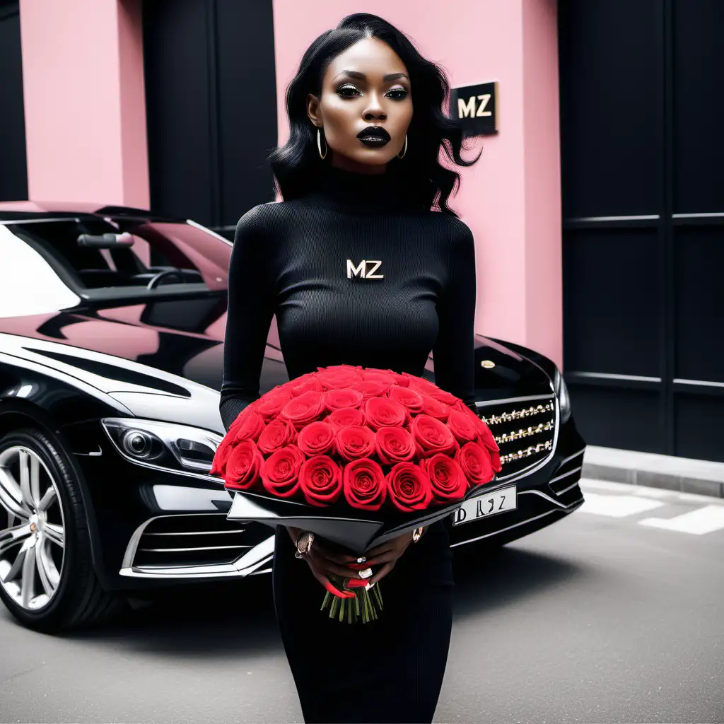 Elegant Black Model Showcasing MZ Luxury Fashion Amid Opulent Surroundings