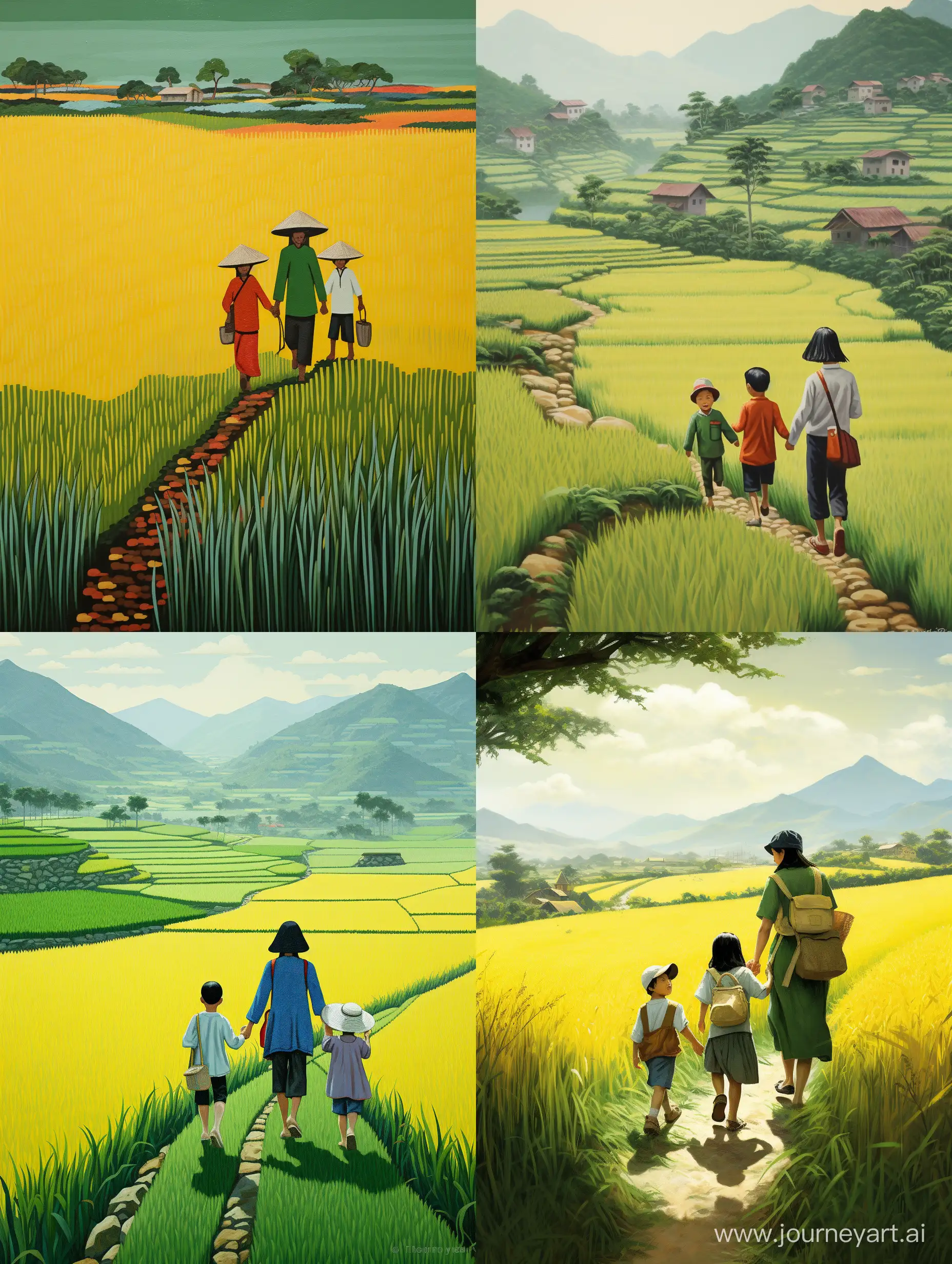 hình ảnh nông thôn phụ nữ việt nam dắt em bé trai 6 tuổi cùng mẹ đi học trên đường quê, 2 bên là cánh đồng lúa xanh vàng