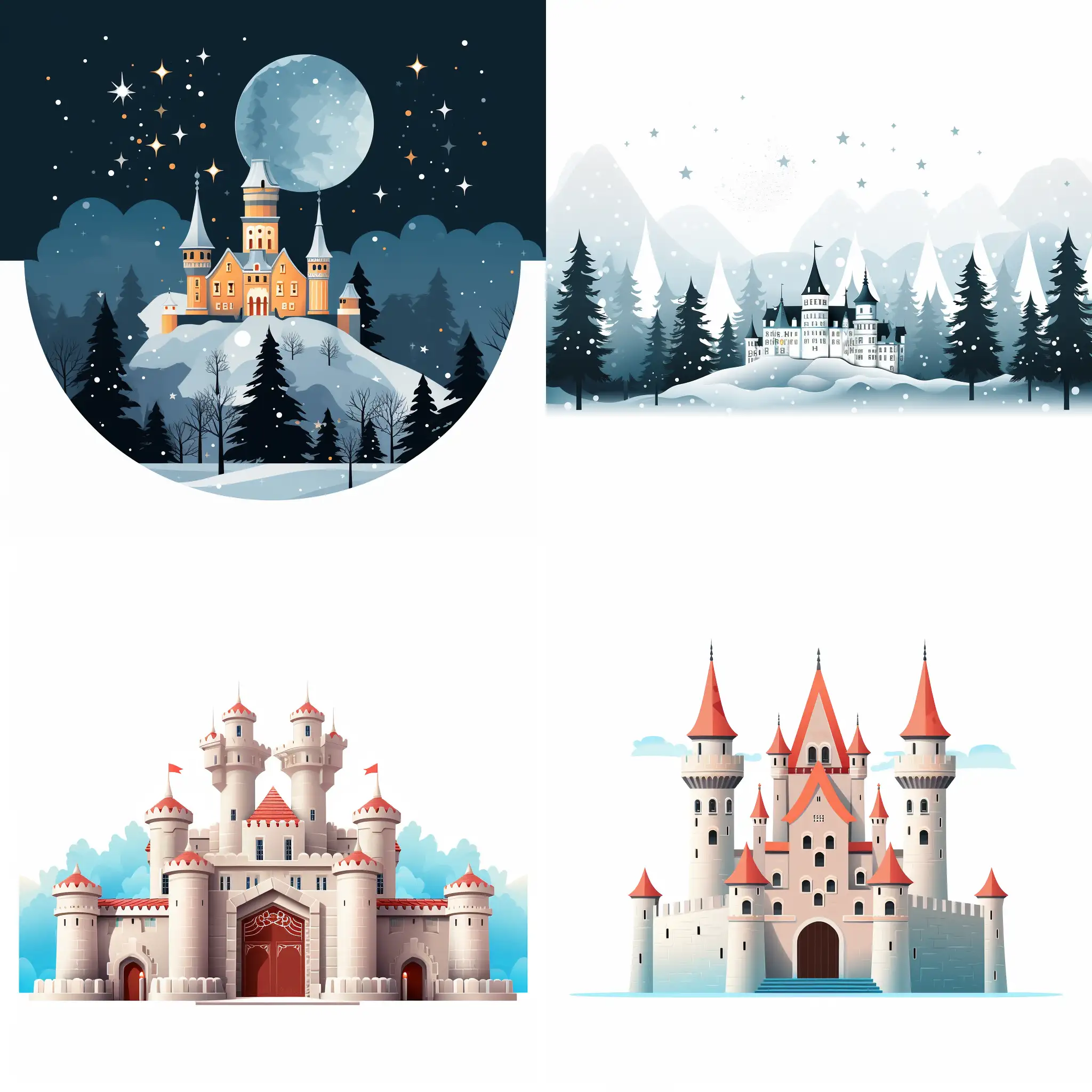 Castle, 8 p.m, brightly lit, white background picture, main body prominent, festive, in minimalistic vector style