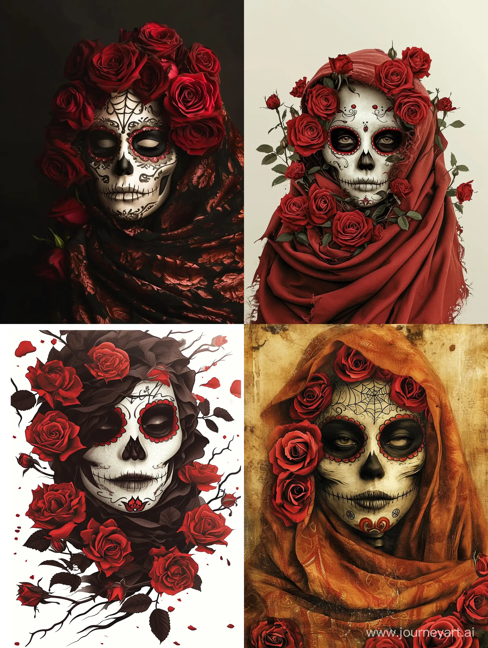 Sugar skull woman wrapped in roses that are decentragrating