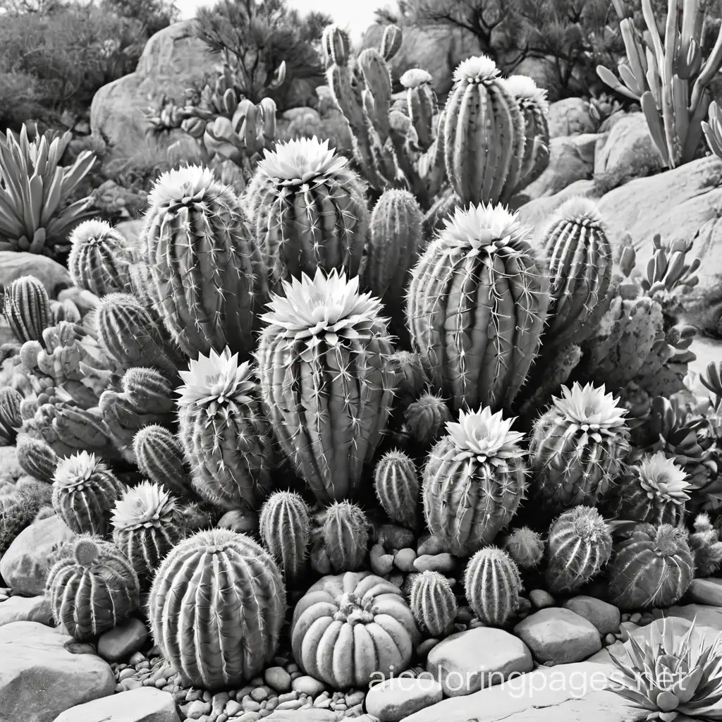 cacti in rock garden, Coloring Page, black and white, line art, white background, Simplicity, Ample White Space. The background of the coloring page is plain white to make it easy for young children to color within the lines. The outlines of all the subjects are easy to distinguish, making it simple for kids to color without too much difficulty