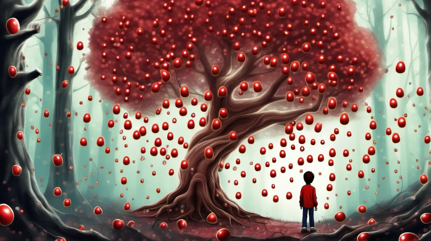 illustrate a tree, whose fruits are little red candys,,  ten years old boy standing next to it, in the magical forest
