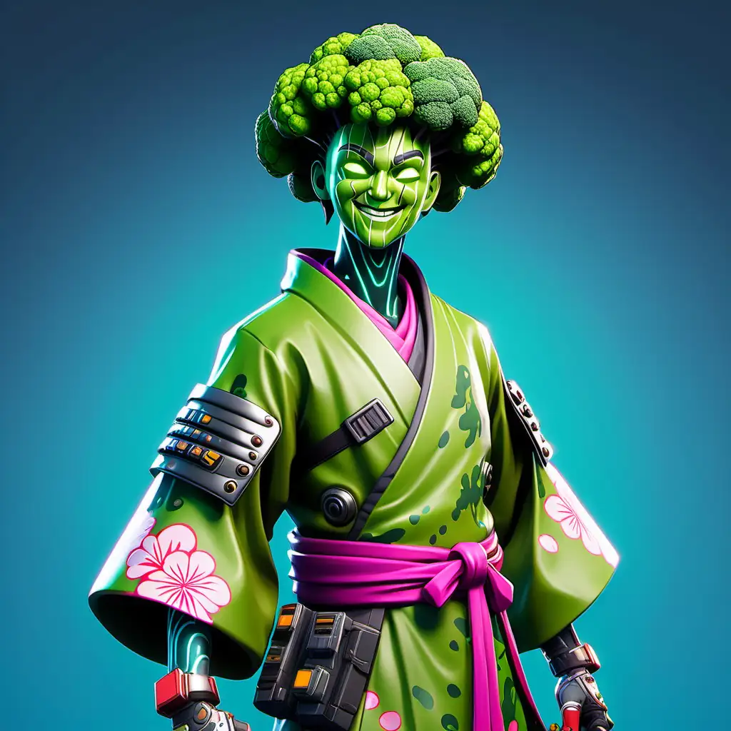 broccoli head themed fortnite style skin with smiling face with cyberpunk samurai armor and beautiful broccoli kimono
