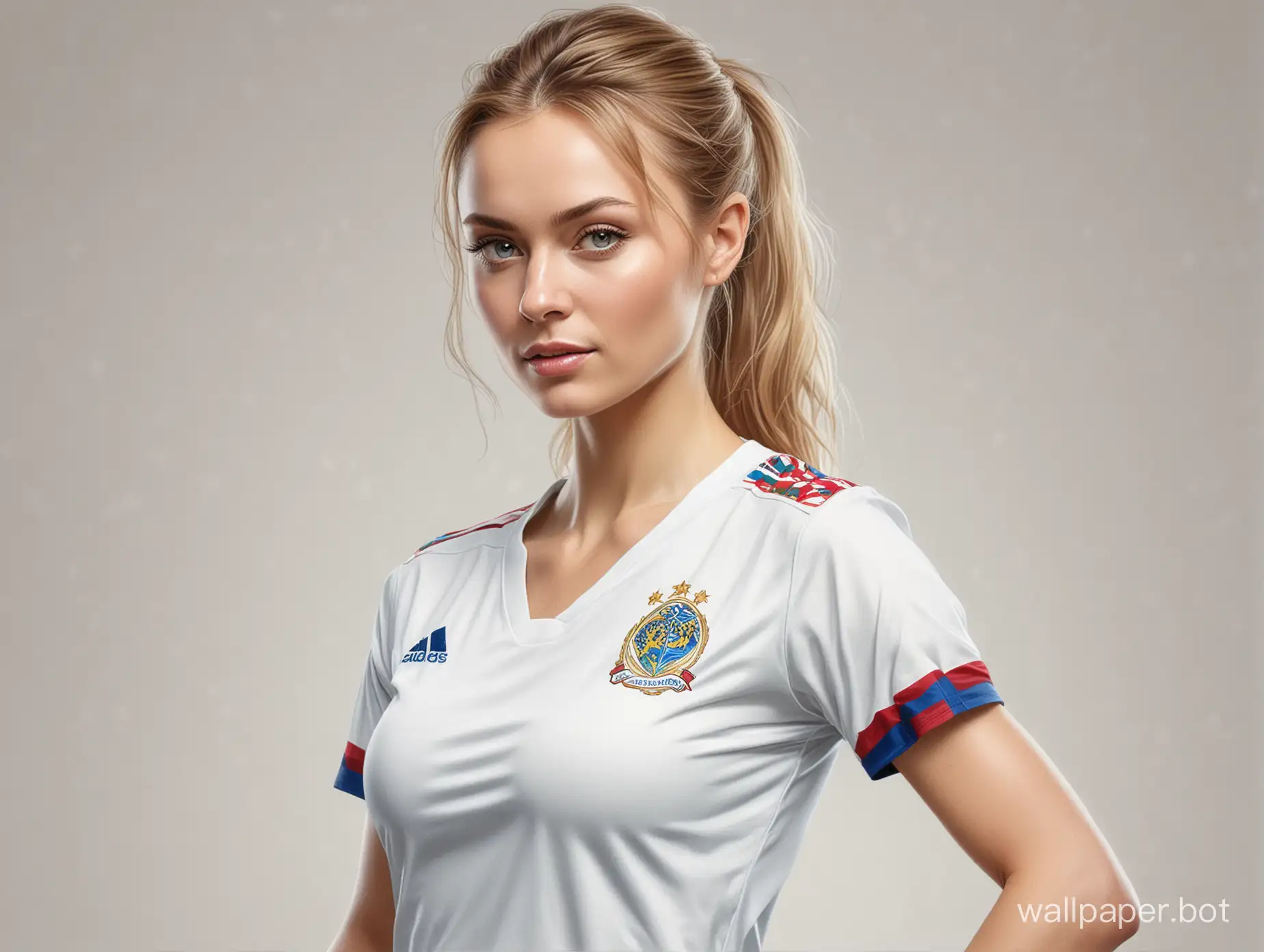 Sketch of Valeria Prigozhina 25 years 6 breast size narrow waist in Real soccer form white background masterpiece photo portrait