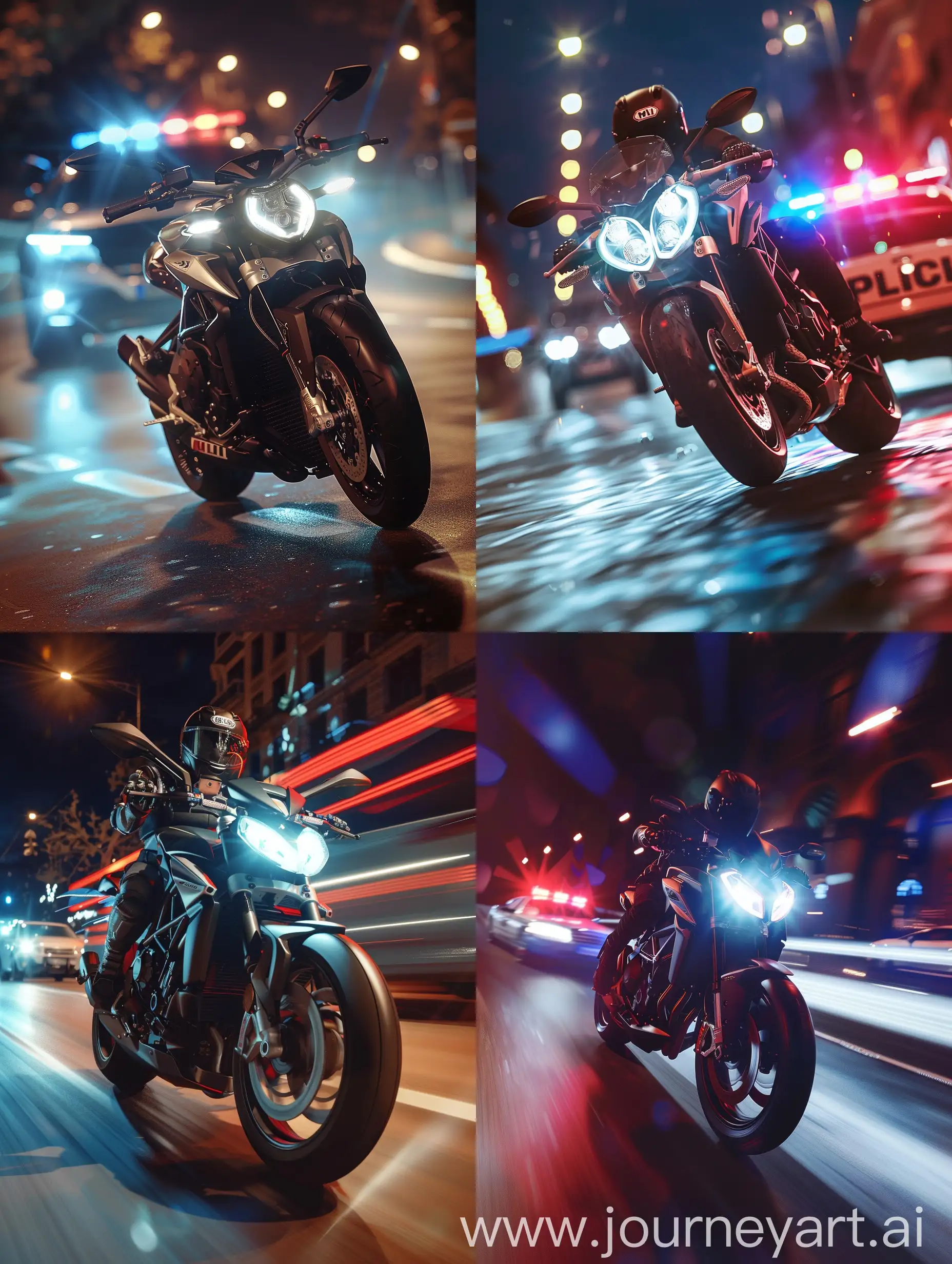 Generate a realistic photo,side front view  mv agusta brutalle, running away from the police, Headlights, Street night time, HIGH SPEED CAMERA HAZE, BLUR, action film LUT, HIGH RESOLUTION, LONG EXPOSURE LIGHTS, lights, police car, close up, dynamic camera, TEXTURE, GRAIN, SAFE SPACE, 