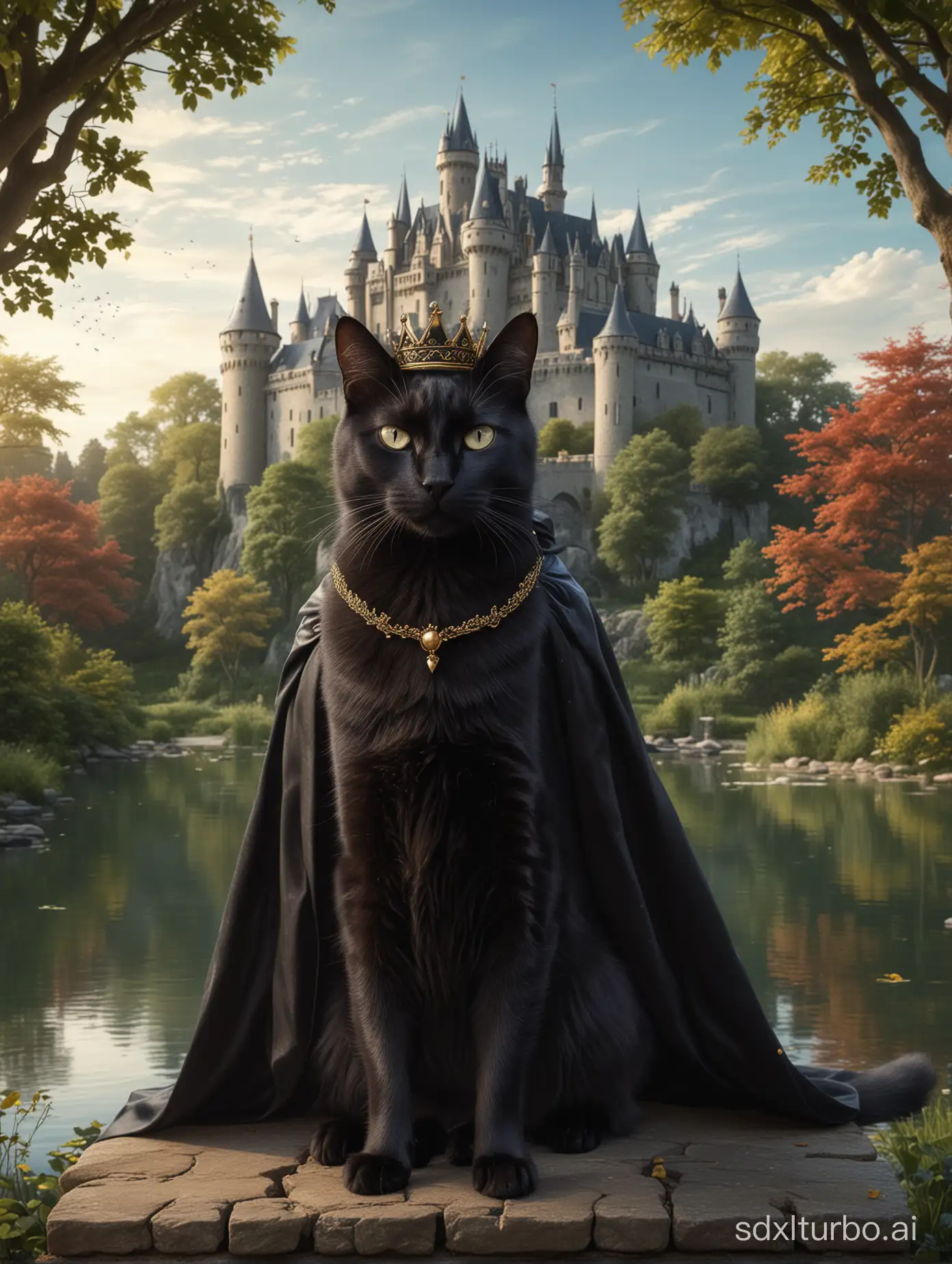 A black cat Queen with a crown and a cape, behind a castle with trees and a lake
